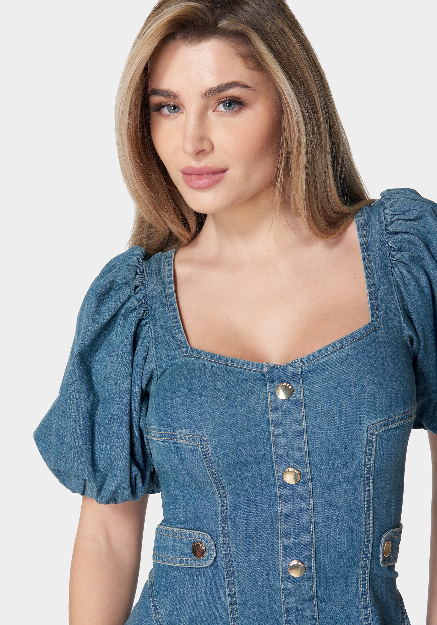 Sweetheart Balloon Puff Sleeve Denim Dress