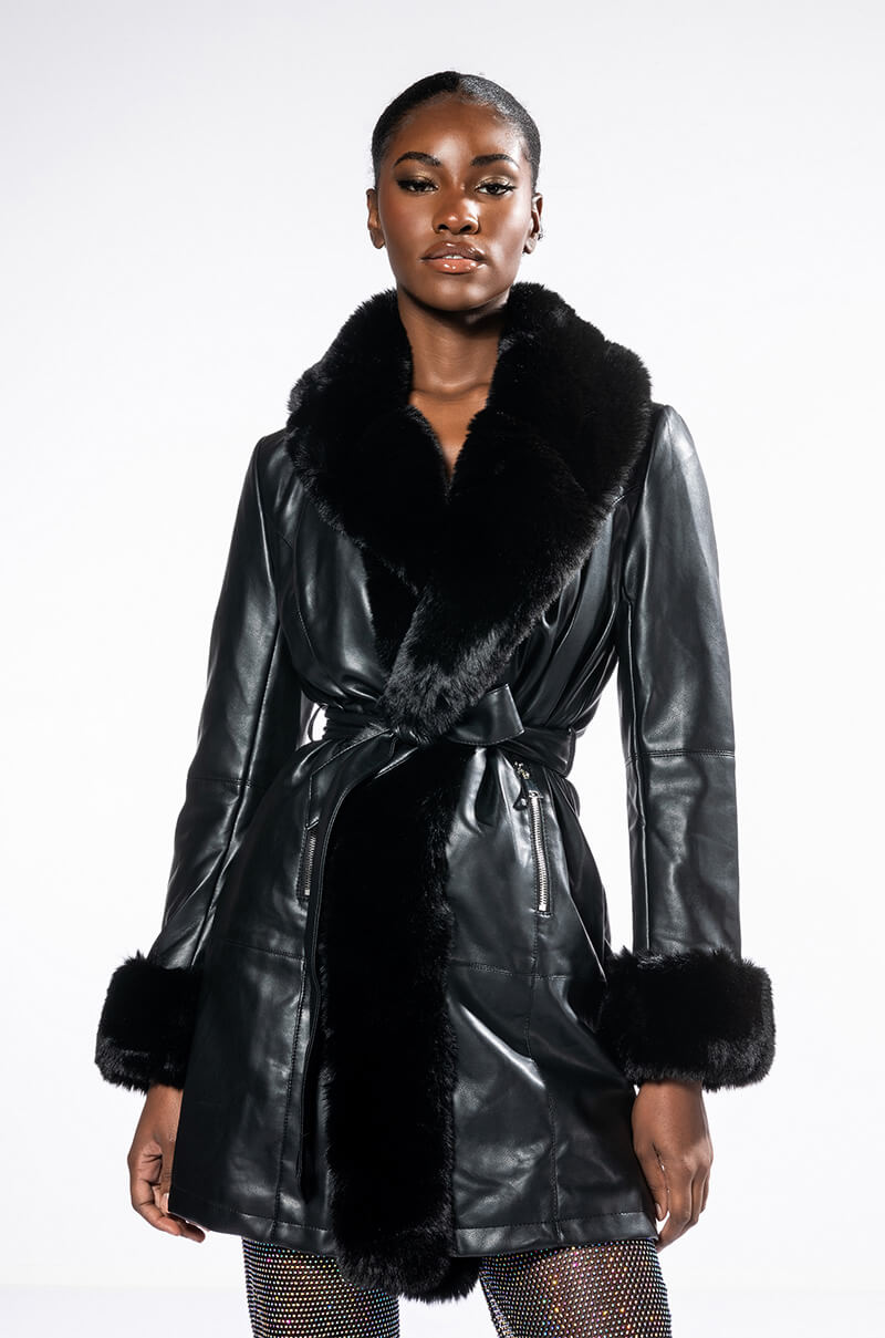 GRAM GIRL PU DRESSY COAT WITH FAUX FUR COLLAR AND WRISTS