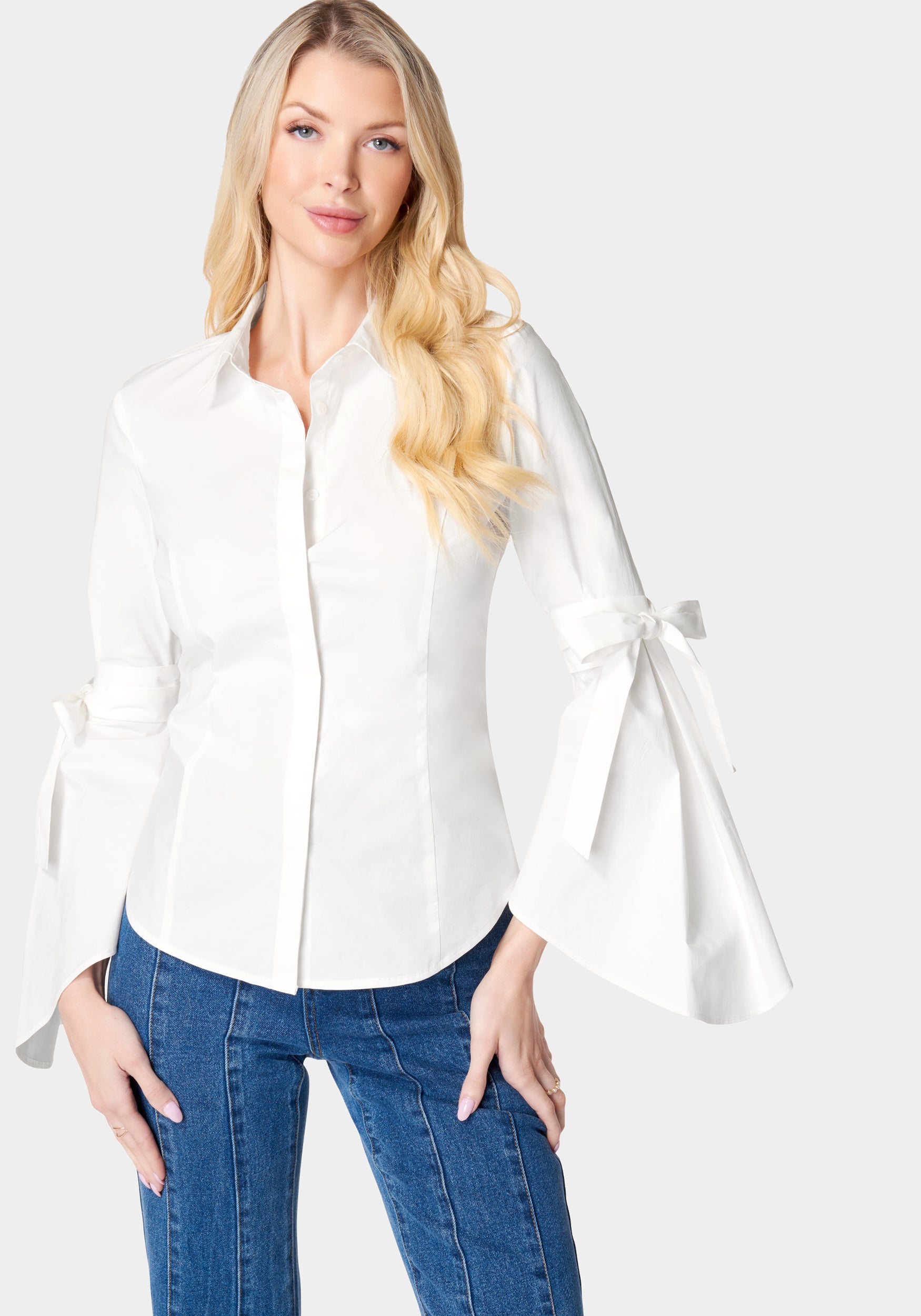 Button Down Bell Sleeve Poplin Blouse