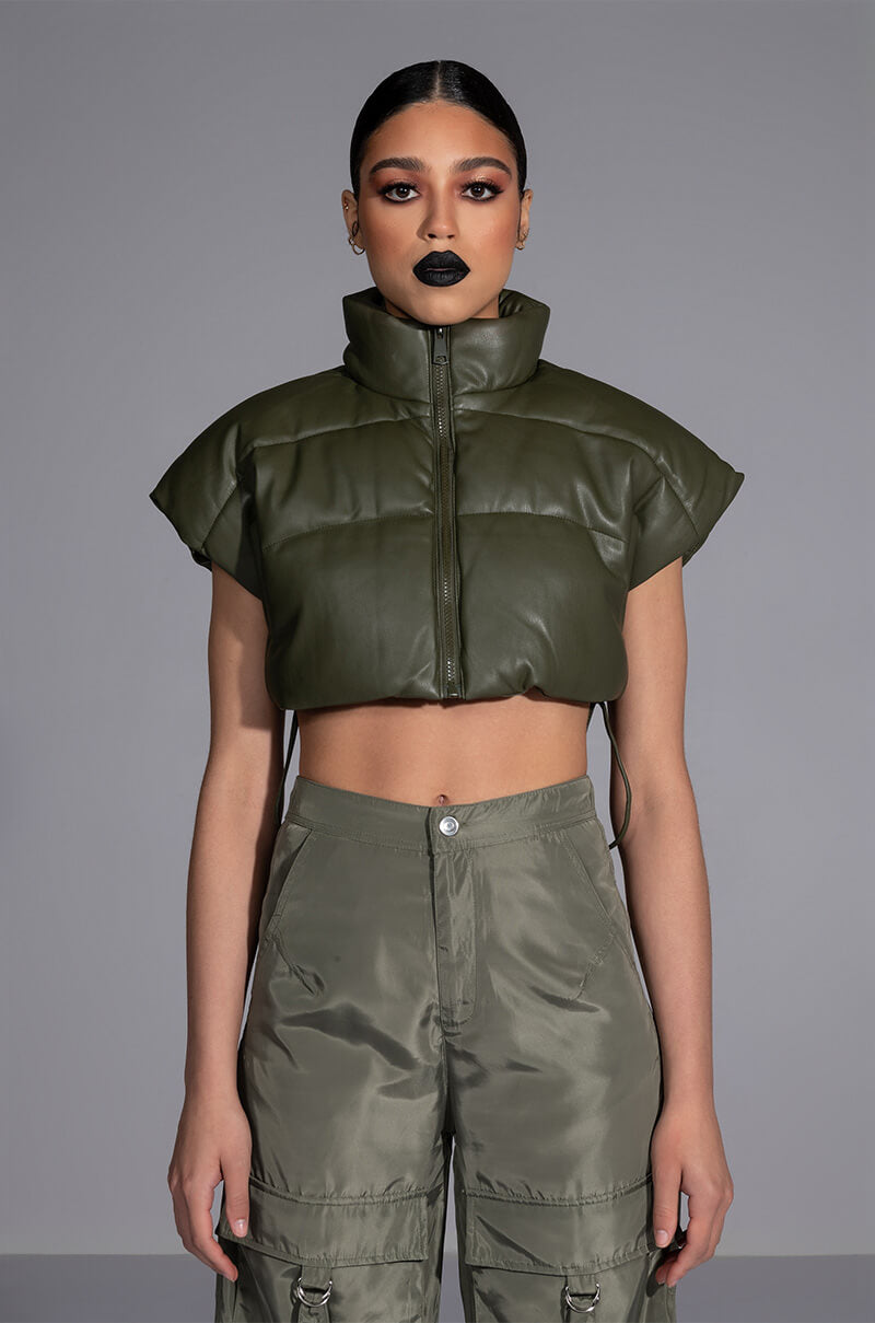 ULTRA CROP PU VEST WITH PULL STRINGS IN OLIVE