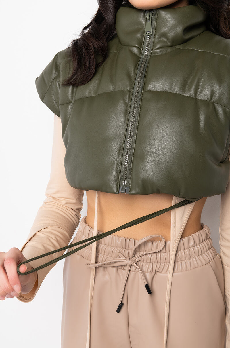 ULTRA CROP PU VEST WITH PULL STRINGS IN OLIVE