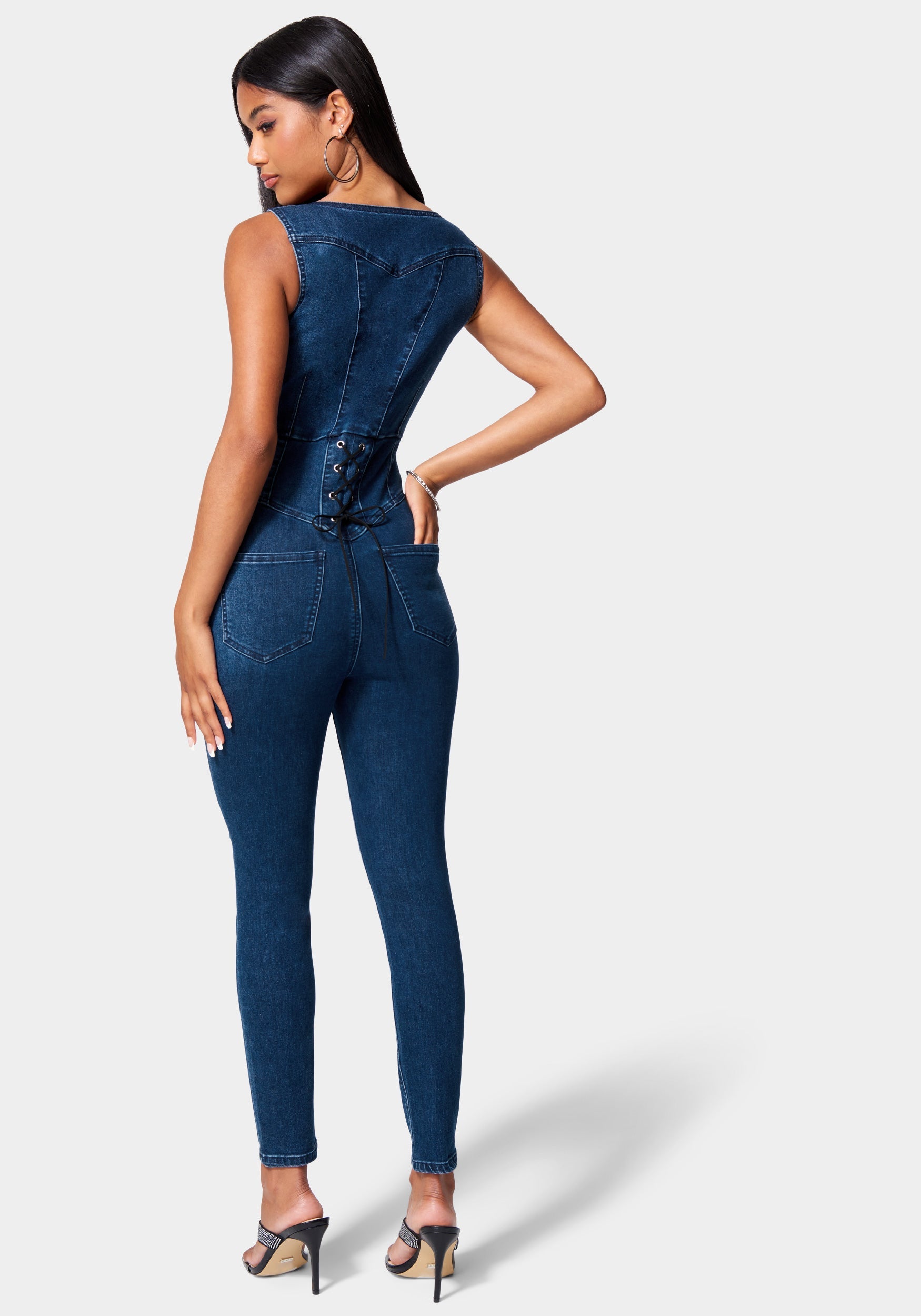 Skinny Leg Front Zip Denim Jumpsuit