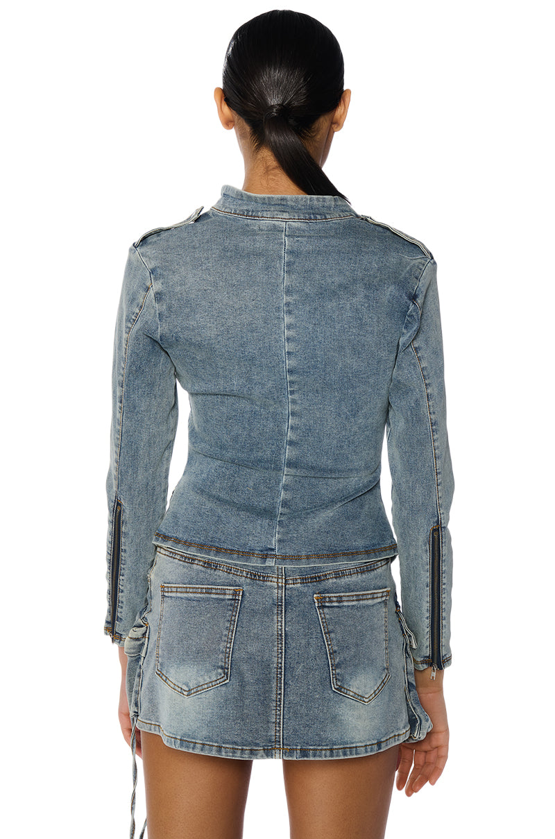 OLD SCHOOL LOVE CARGO ZIP UP DENIM TOP