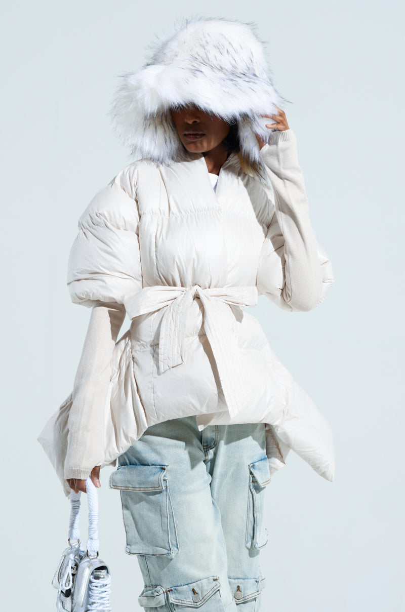 RIB SLEEVE PEPLUM PUFFER IN IVORY