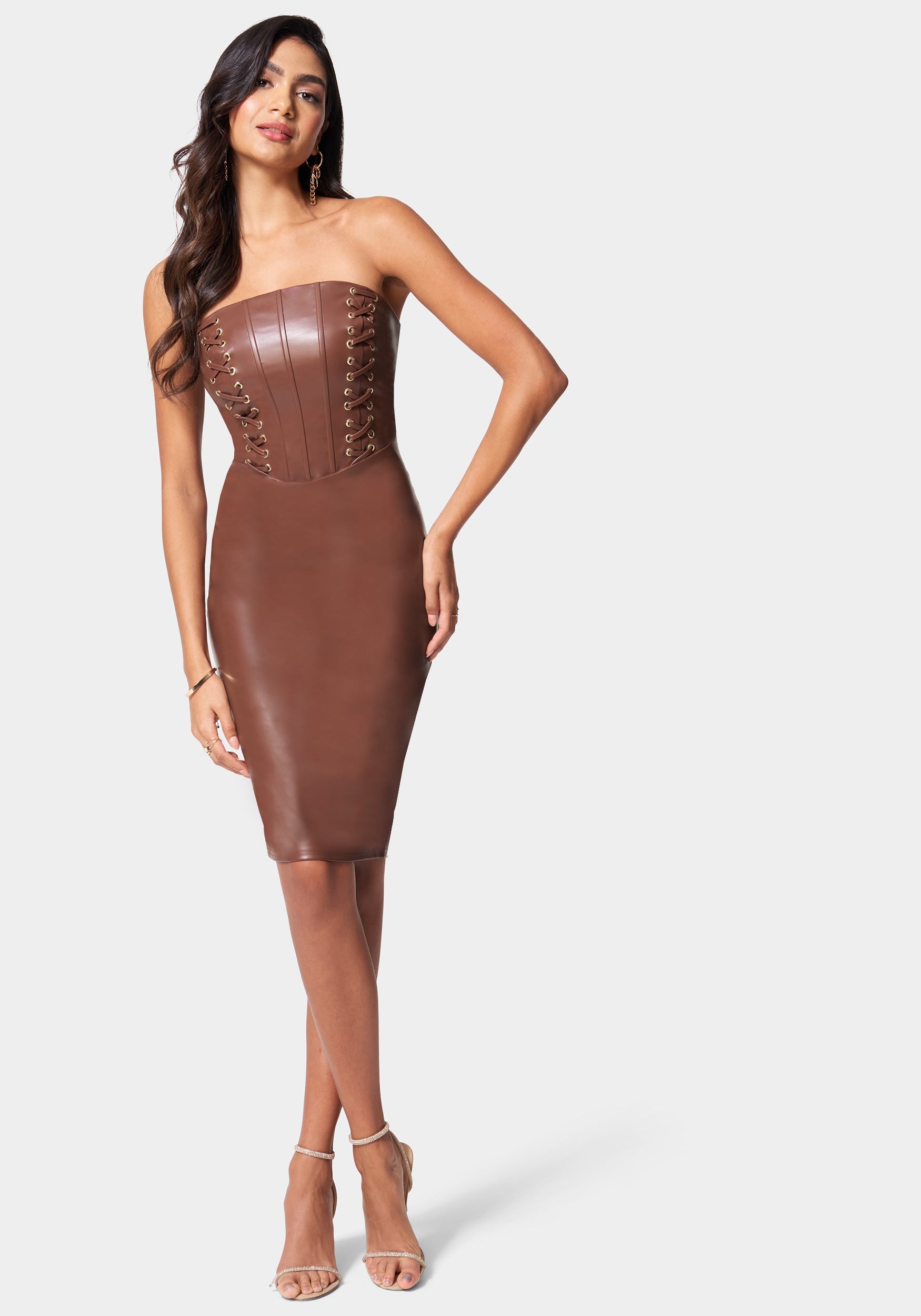 Vegan Leather Strapless Corset Midi Dress