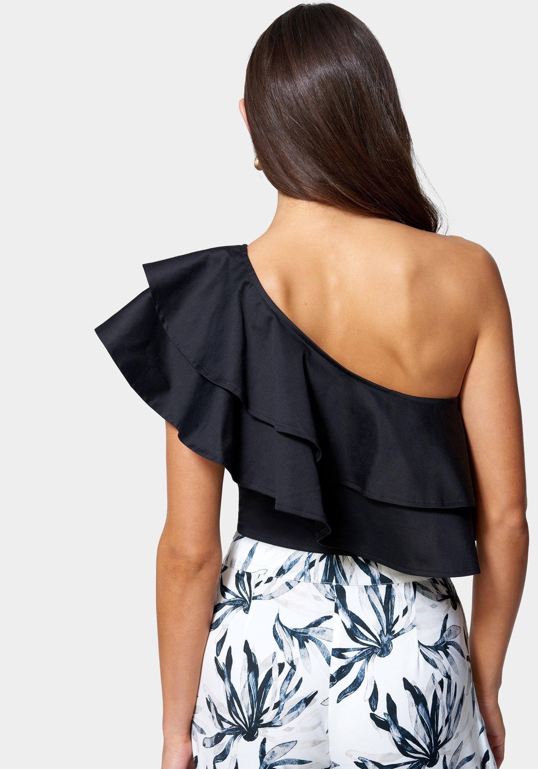 Poplin One Shoulder Ruffle Neck Top