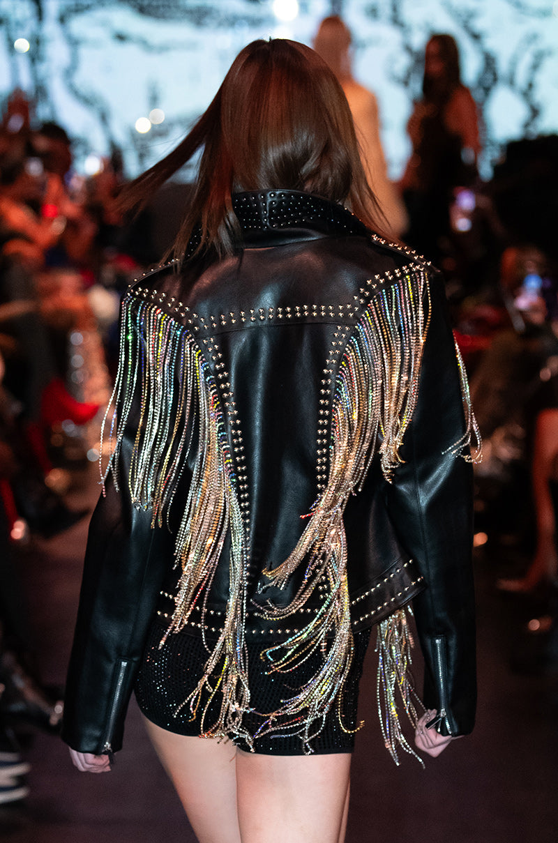 TAKE A CHANCE ON ME RHINESTONE FRINGE MOTO