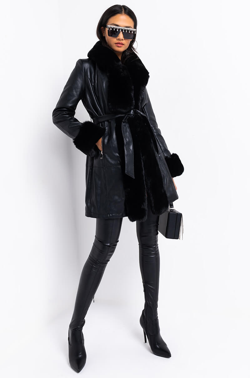 GRAM GIRL PU DRESSY COAT WITH FAUX FUR COLLAR AND WRISTS