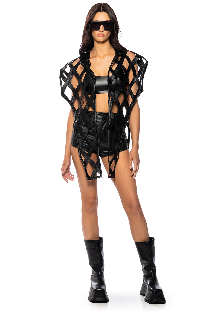 CAGED PU MOTO VEST WITH FRONT DRAPE