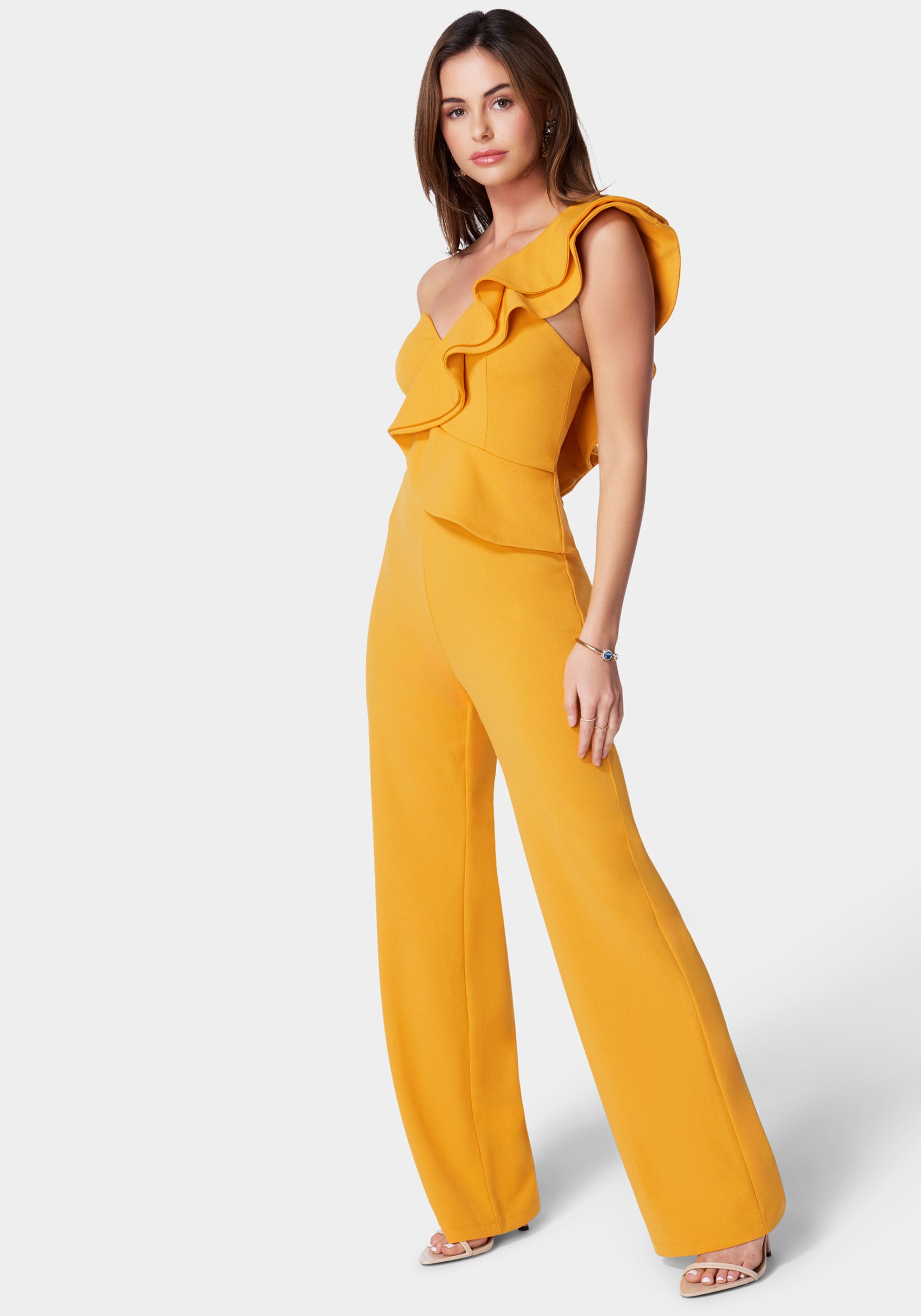 One Shoulder Ruffle Crepe Jumpsuit