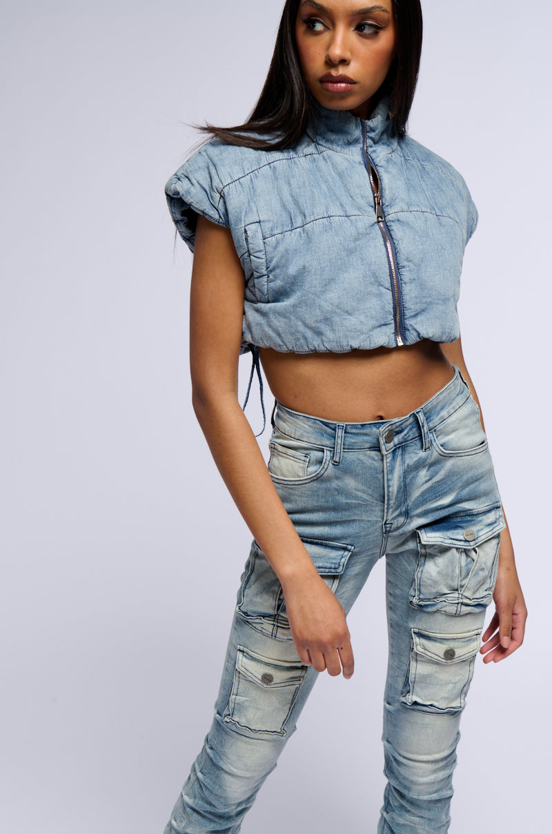 ULTRA CROP DENIM VEST WITH PULL STRINGS