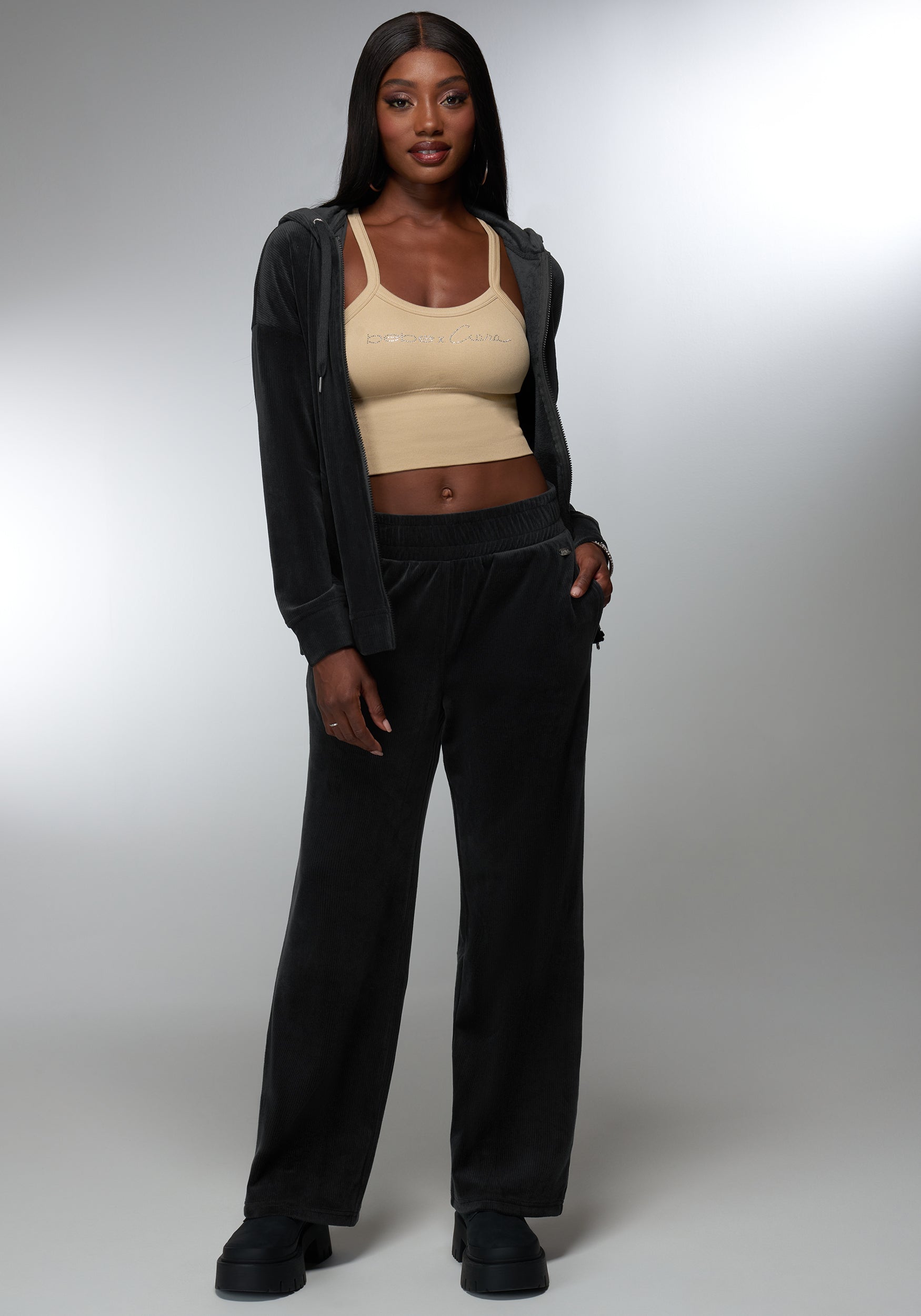 Velour Corded Wide Leg Pant