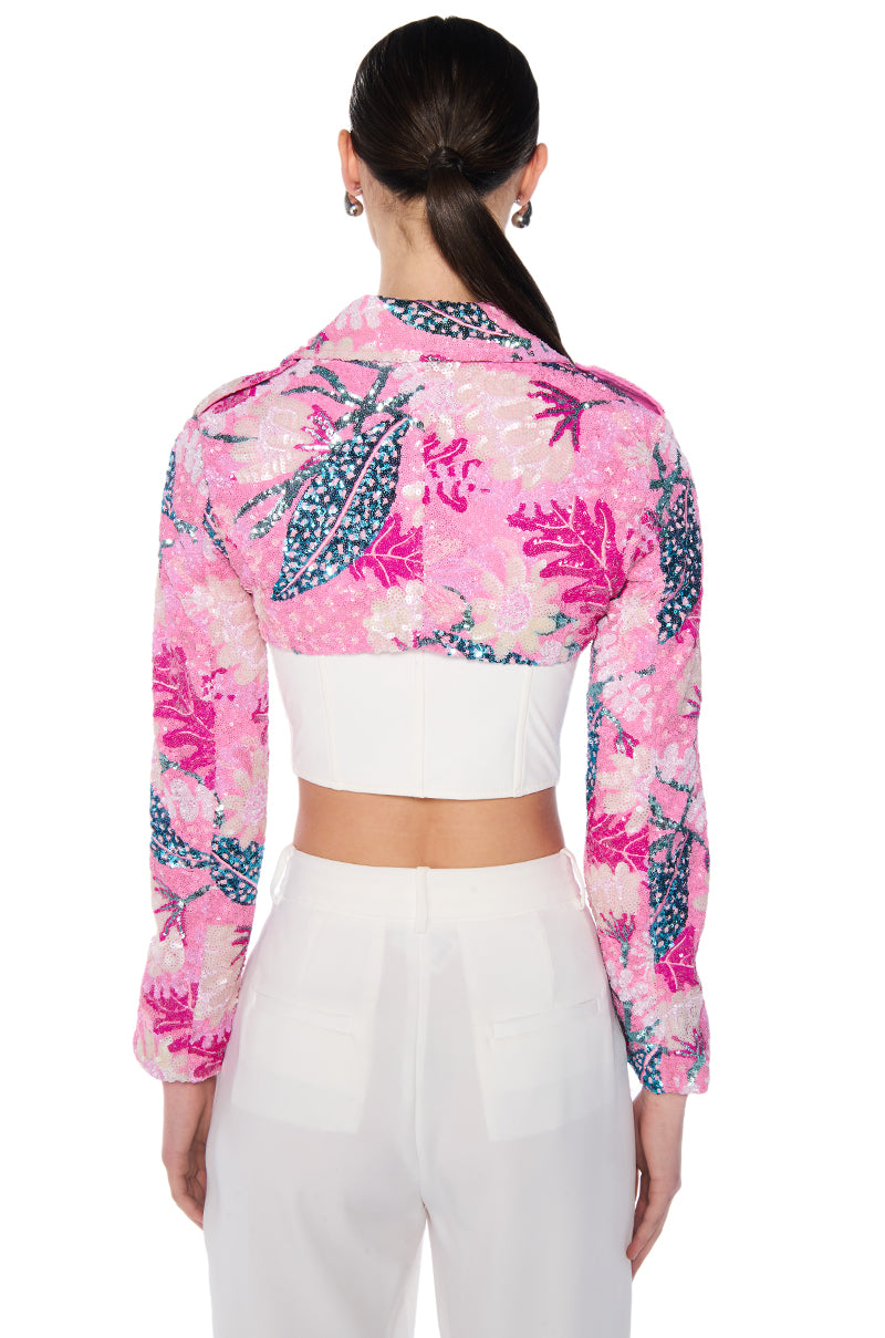 ULTRA CROP MOTO WITH FLORAL SEQUINS