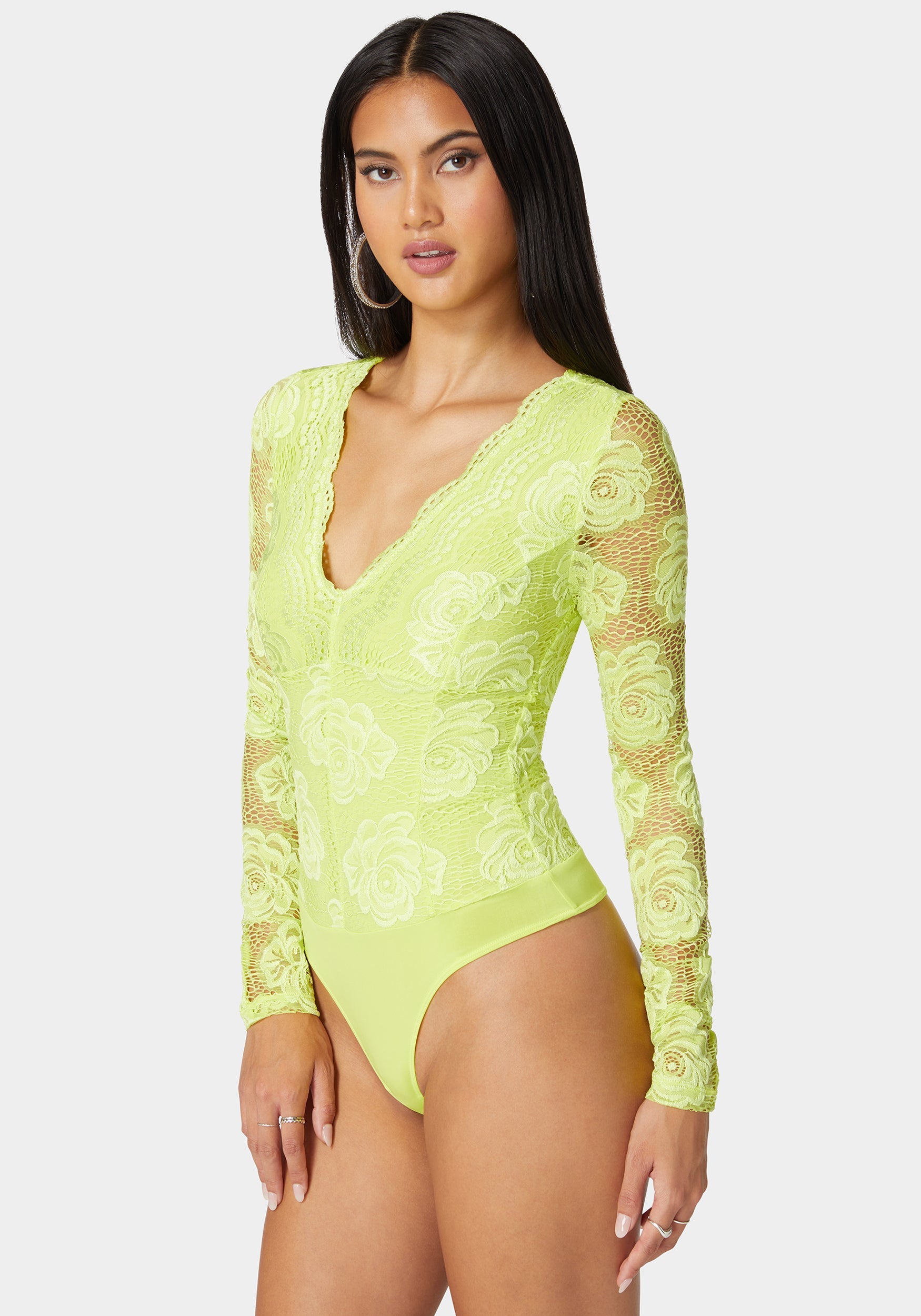 Scallop Edge Long Sleeve Lace Bodysuit