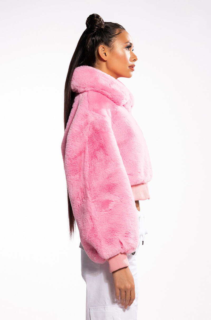 DREW FAUX FUR BOMBER WITH RIB TRIM