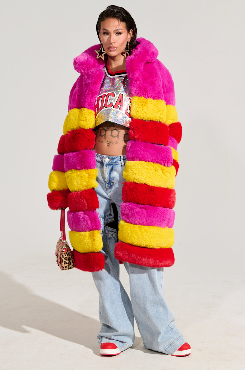 RAMI MULTI COLOR FAUX FUR PANEL TRENCH COAT