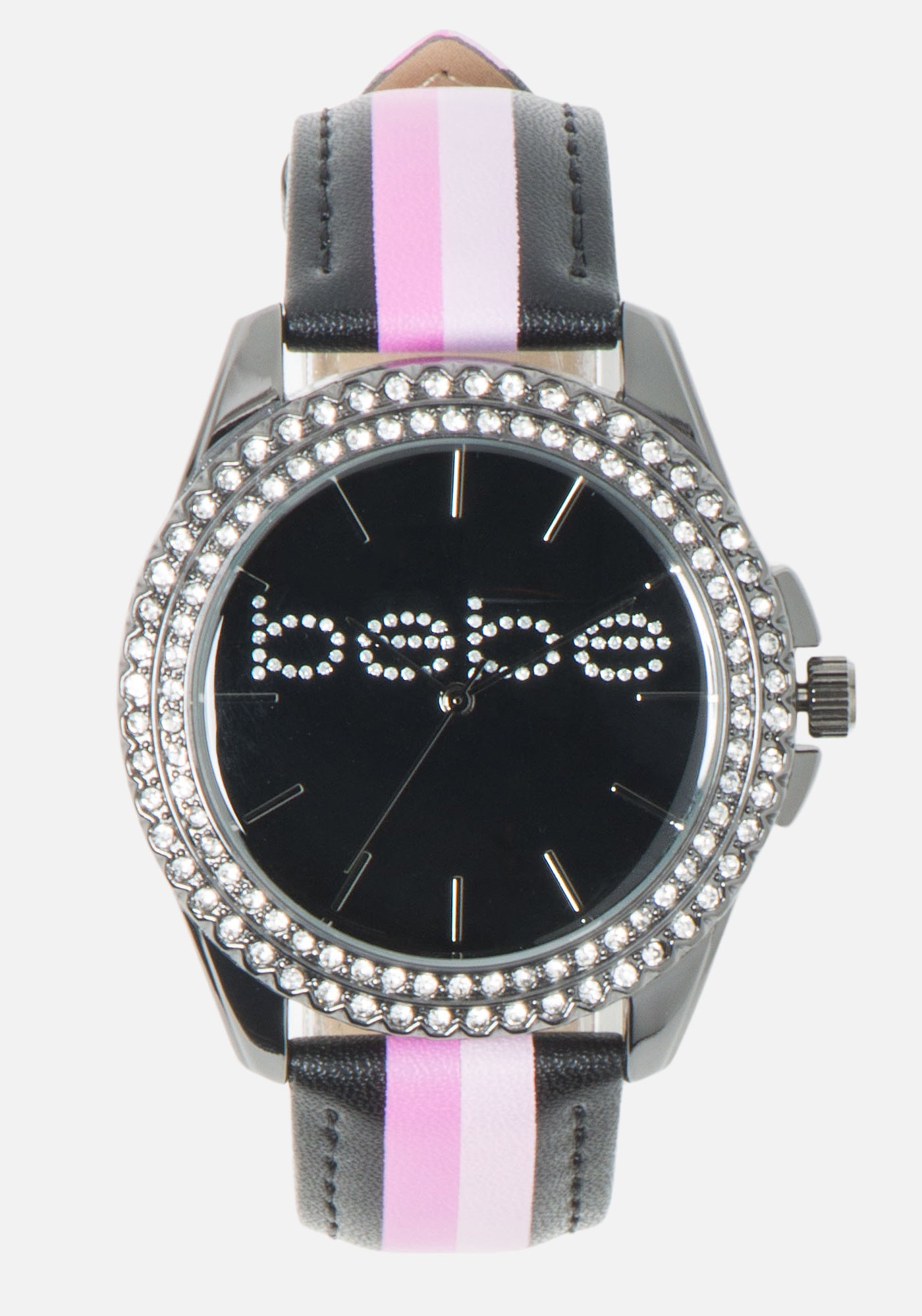 Black Crystal Bebe Logo Stripe Band Watch