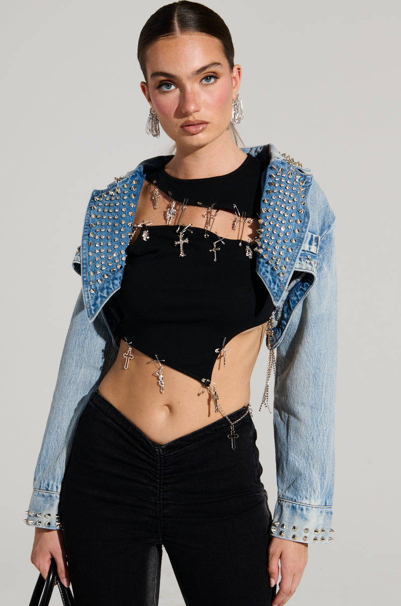 WATERFALL RHINESTONE CROPPED DENIM JACKET