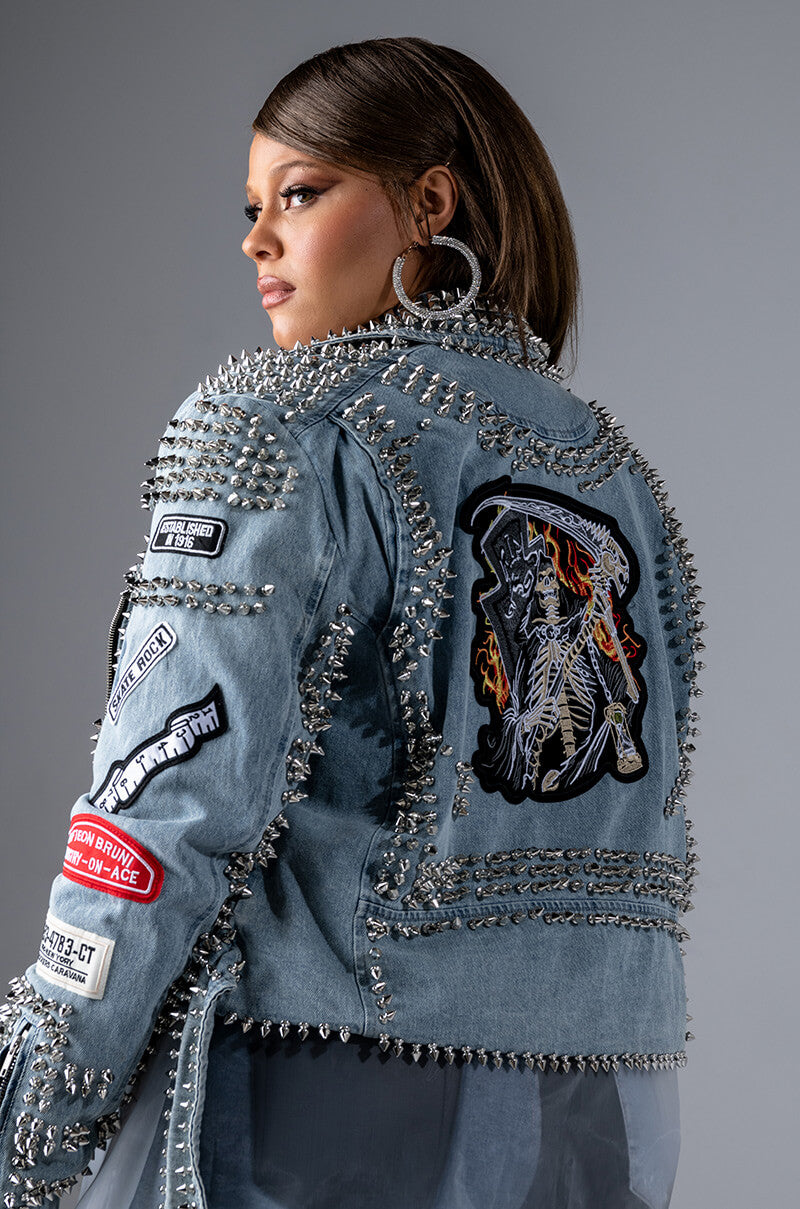 AZALEA WANG ACDC STUDDED PATCHWORK DENIM MOTO JACKET