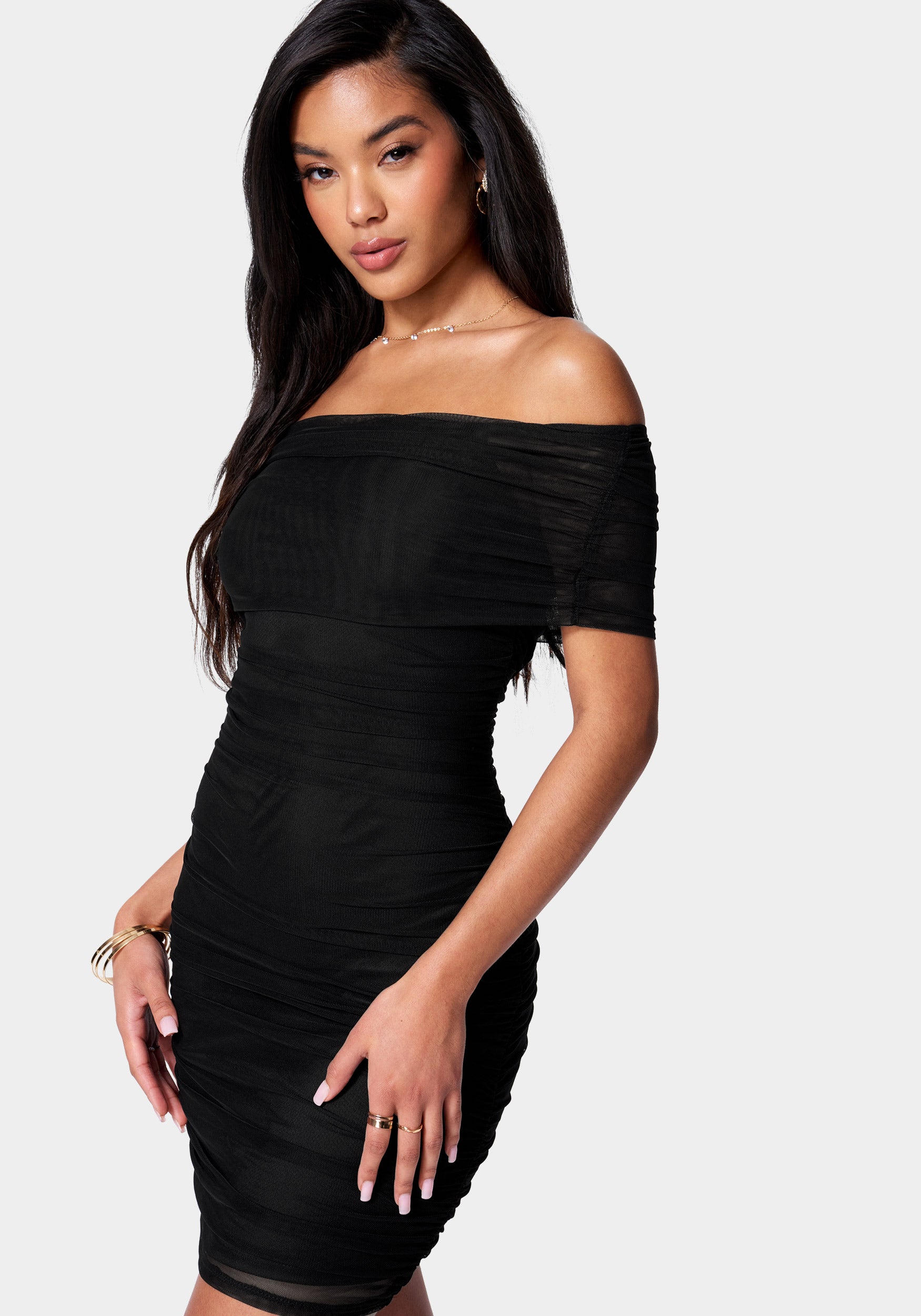 Off Shoulder Mesh Ruched Dress