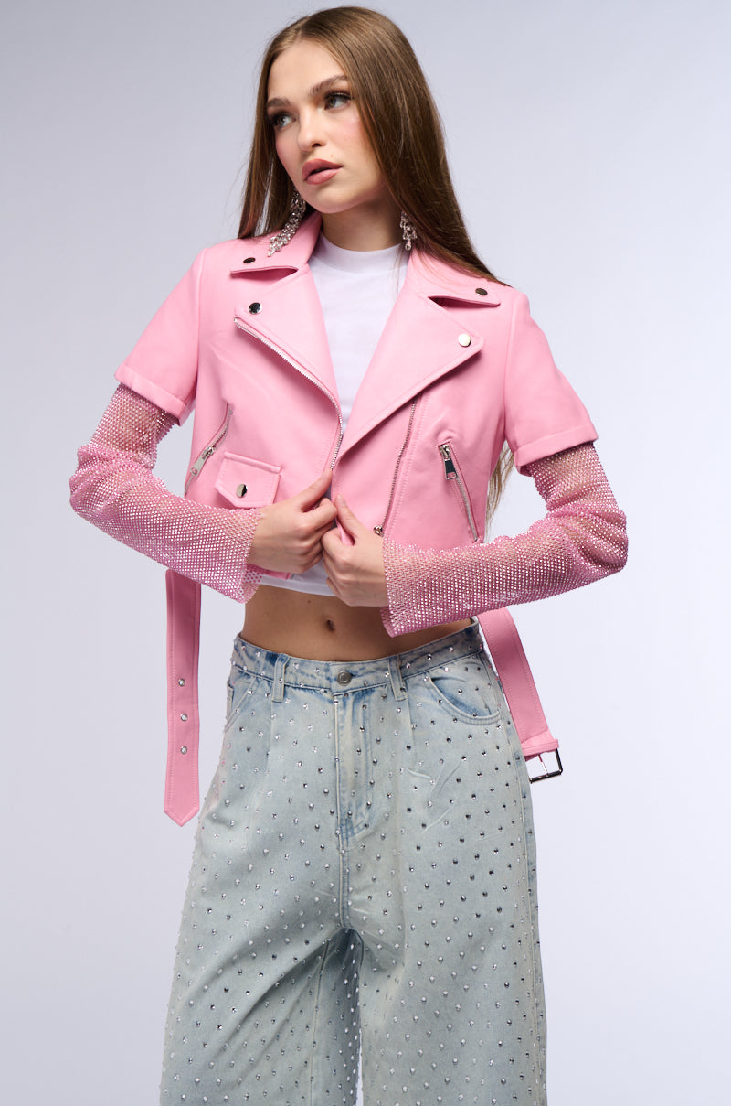 ACEROLA BLING RHINESTONE SLEEVE MOTO JACKET IN PINK