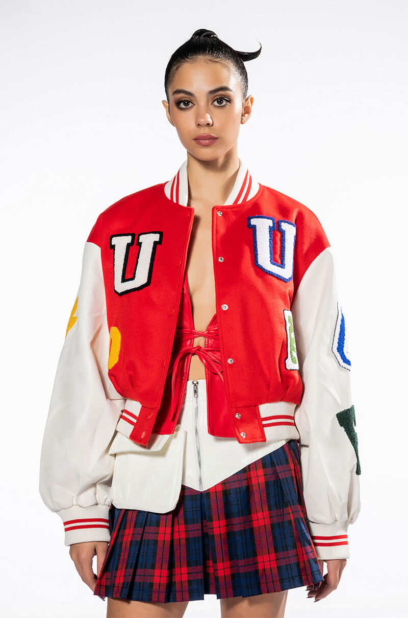 DOUBLE U PATCH WORK VARSITY BOMBER