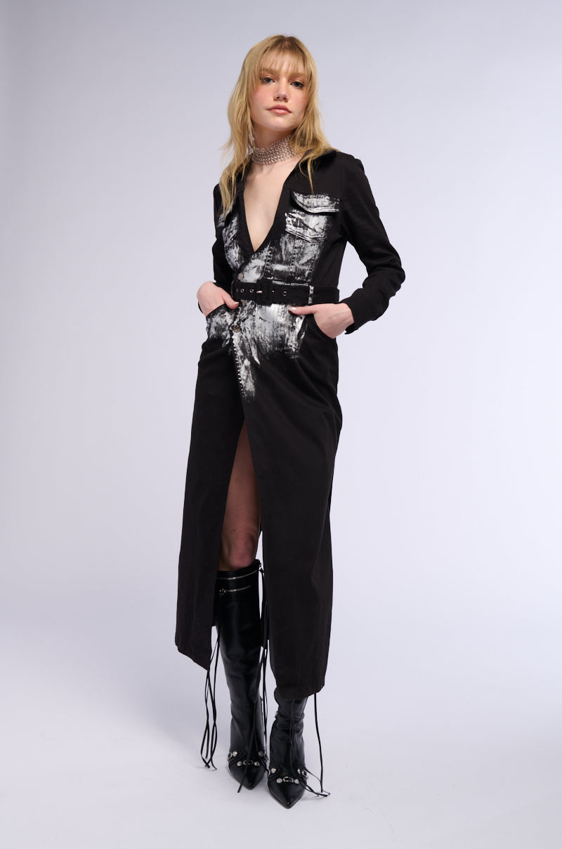 DENIM METALLIC IMPRINT TRENCH COAT