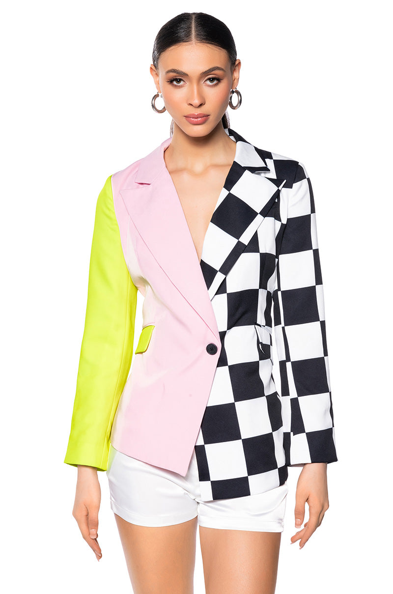 MET READY COLOR BLOCK BLAZER WITH CHECKERS