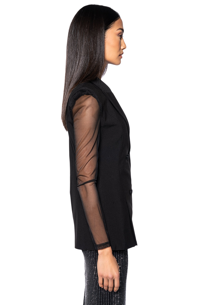 SHARP SHOULDER BLAZER VEST WITH STRETCH MESH ARMS