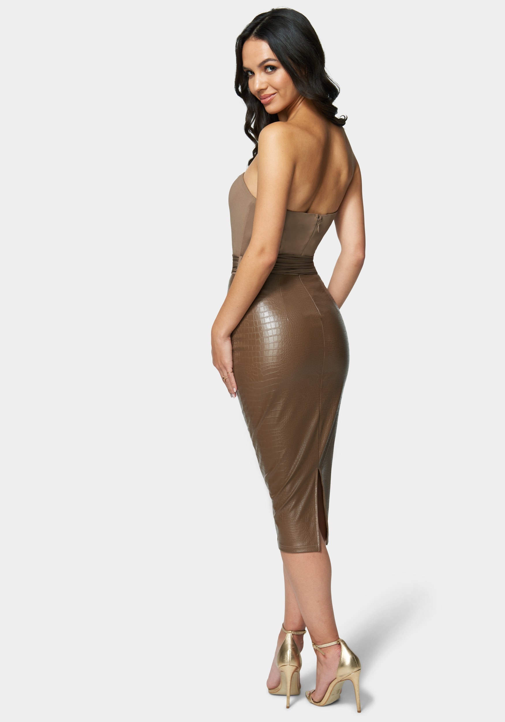 Vegan Leather Belted Strapless Midi Dress