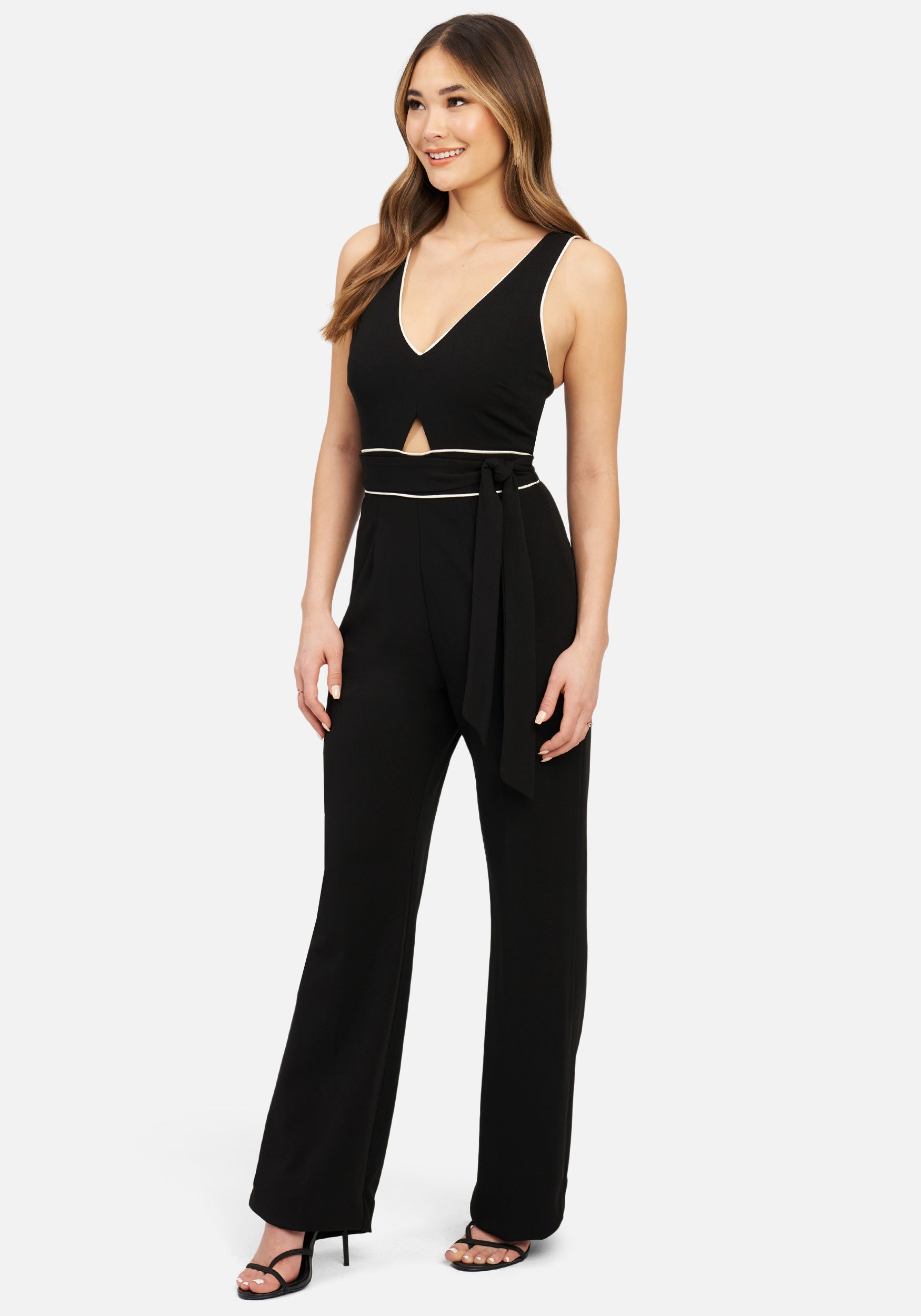 Knit Crepe Jumpsuit W/ Front Cutout & Contrast Piping