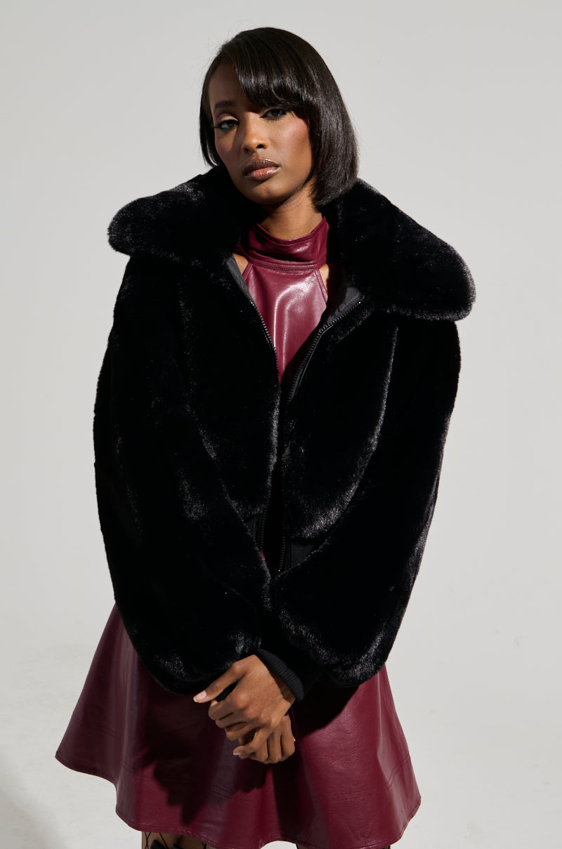 DREW FAUX FUR BOMBER WITH RIB TRIM IN BLACK