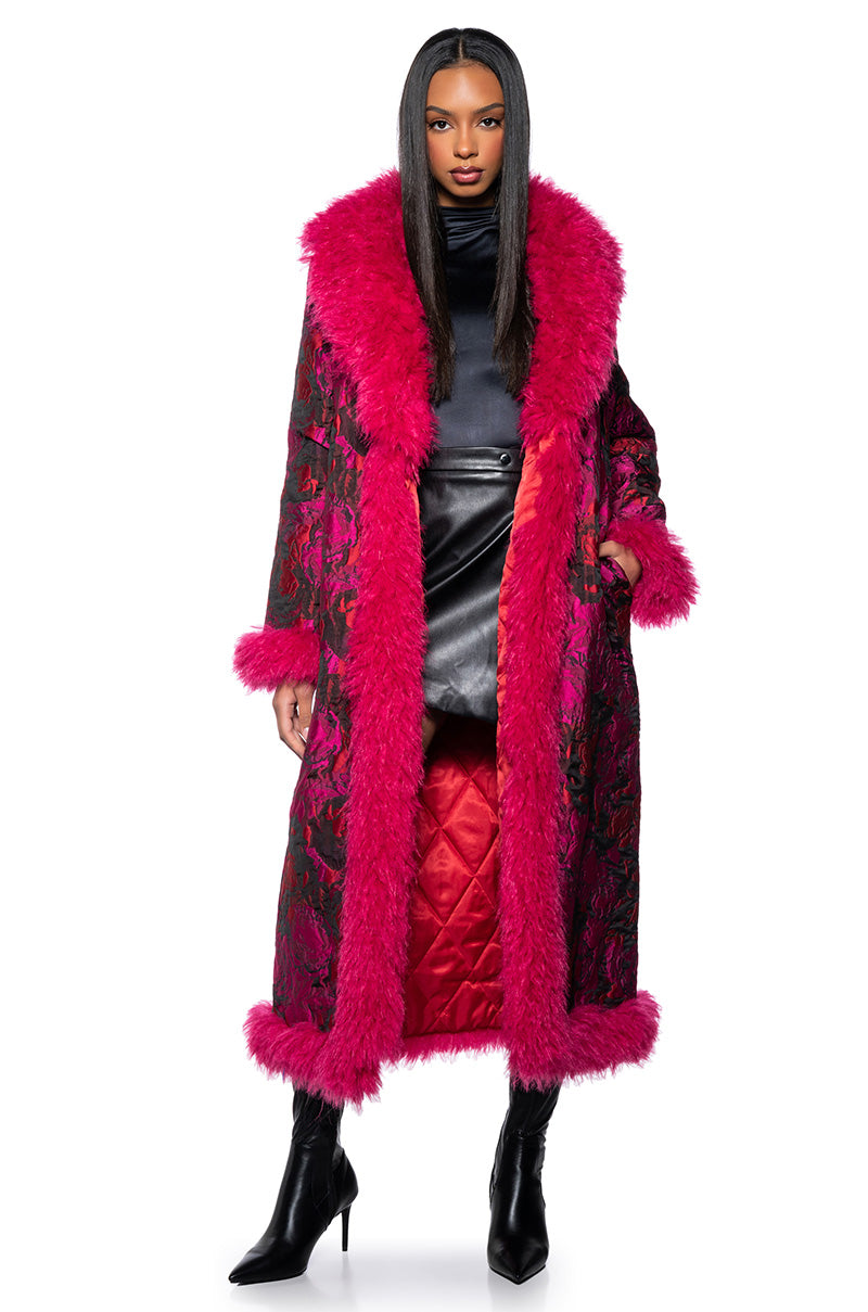 BROCADE PENNY LANE COAT WITH FAUX FUR