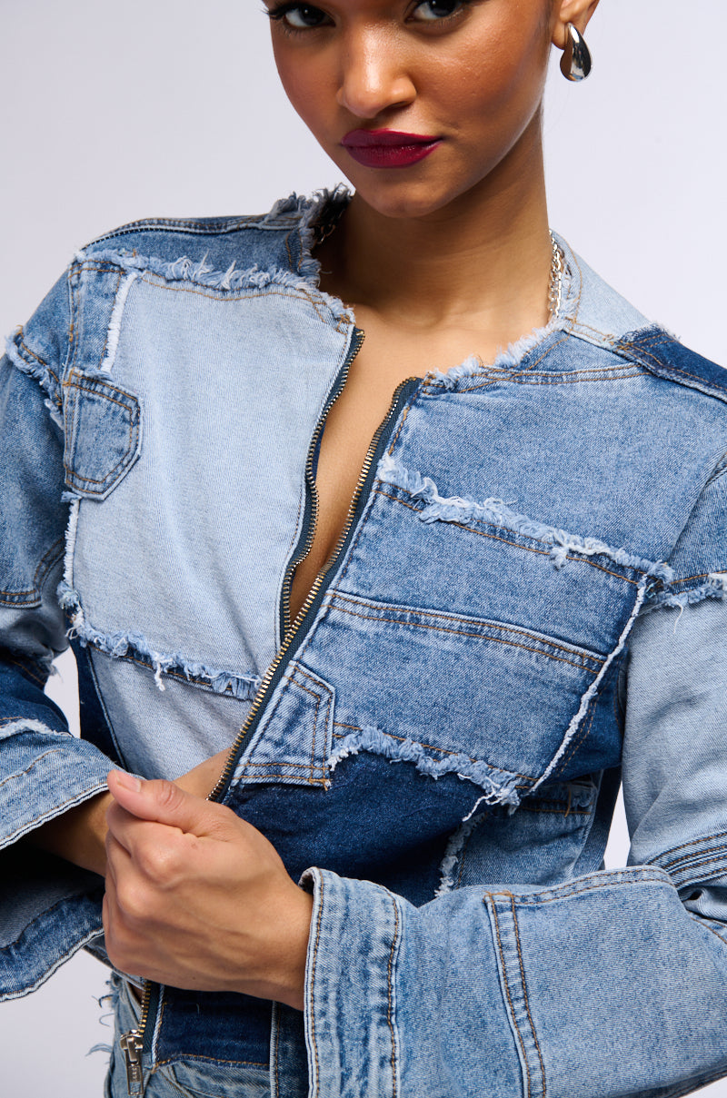 RUMOR HAS IT PATCHWORK DENIM BOMBER