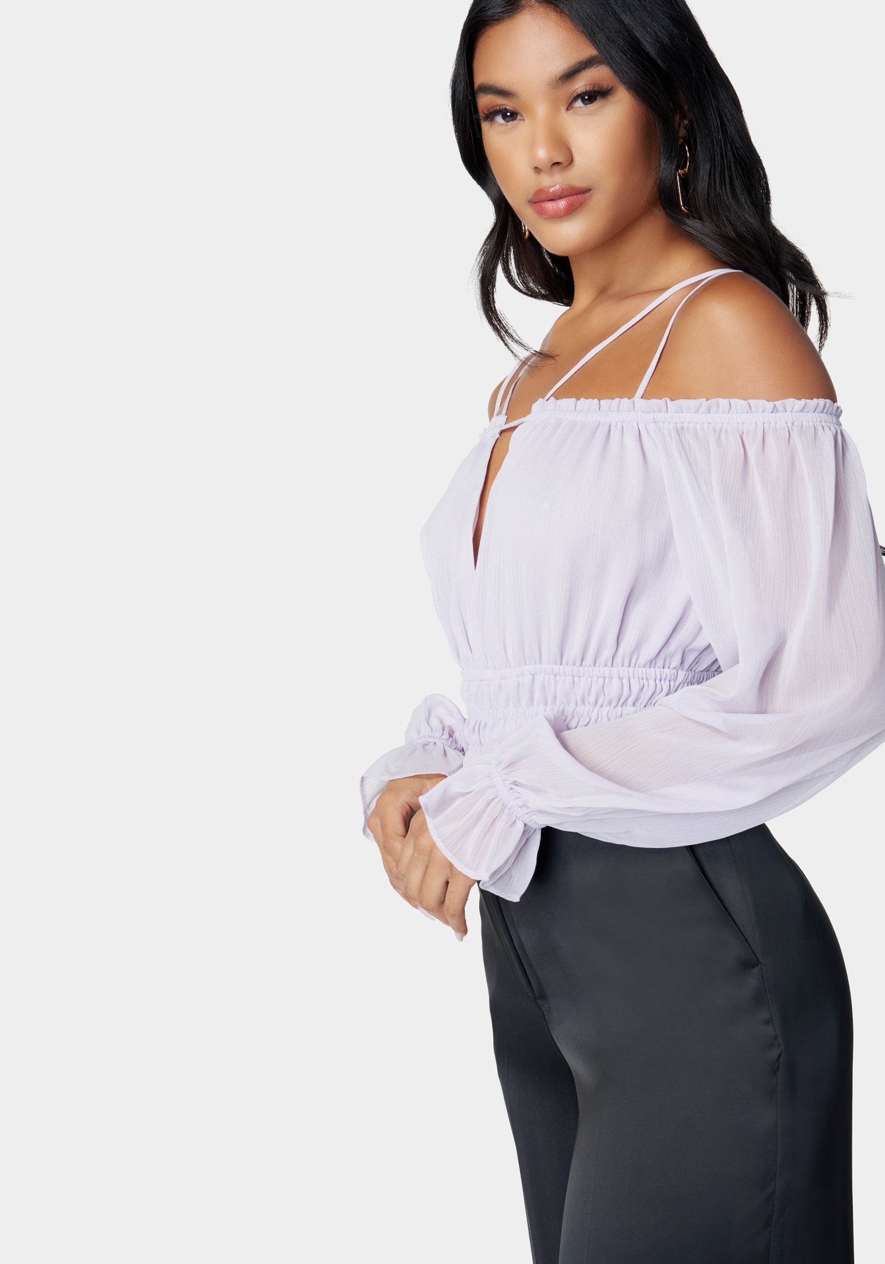 Multi Strap Cold Shoulder Ruched Blouse