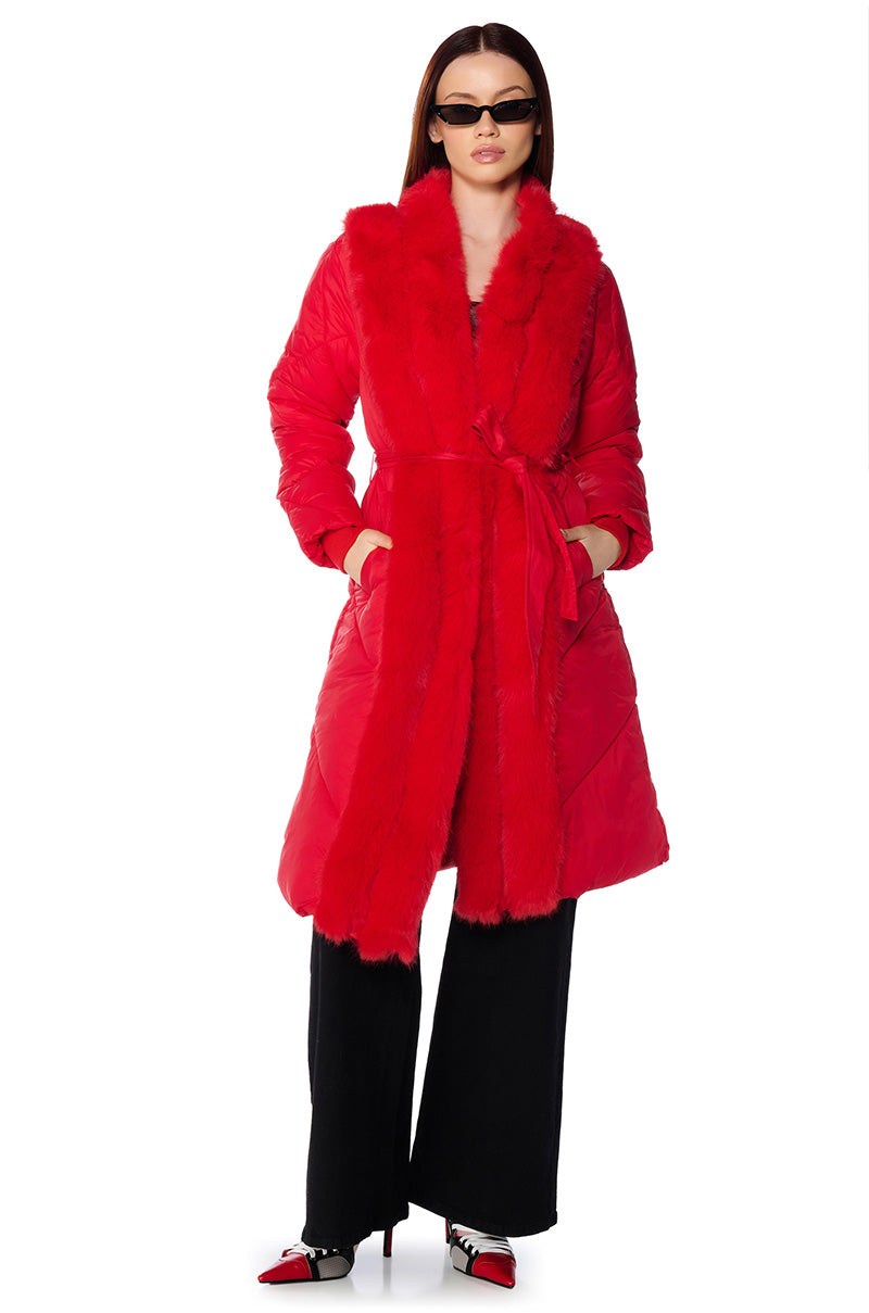 BABBS PUFFER COAT WITH FAUX FUR TRIM IN RED