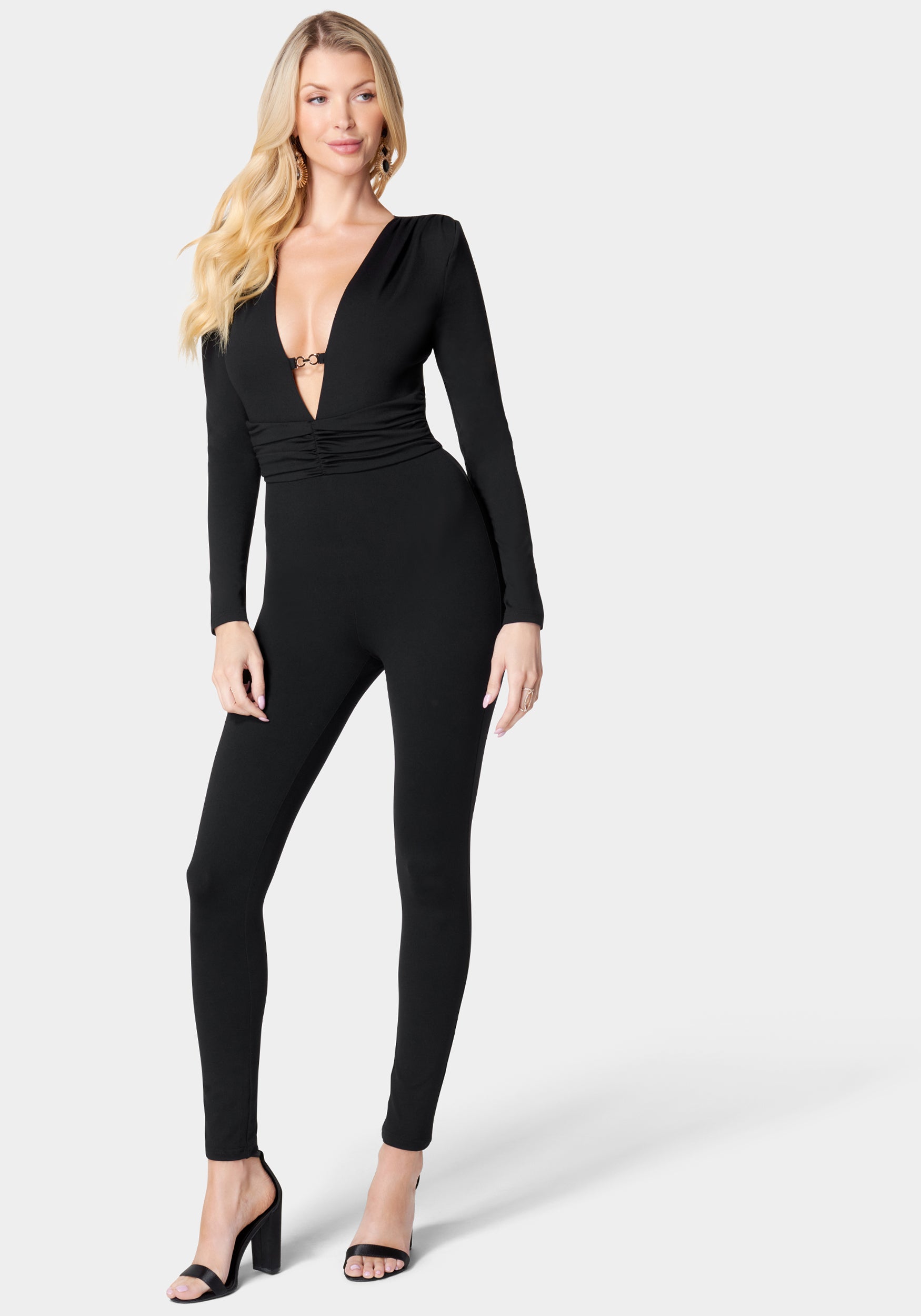 Plunging V Neck Metal Trim Catsuit