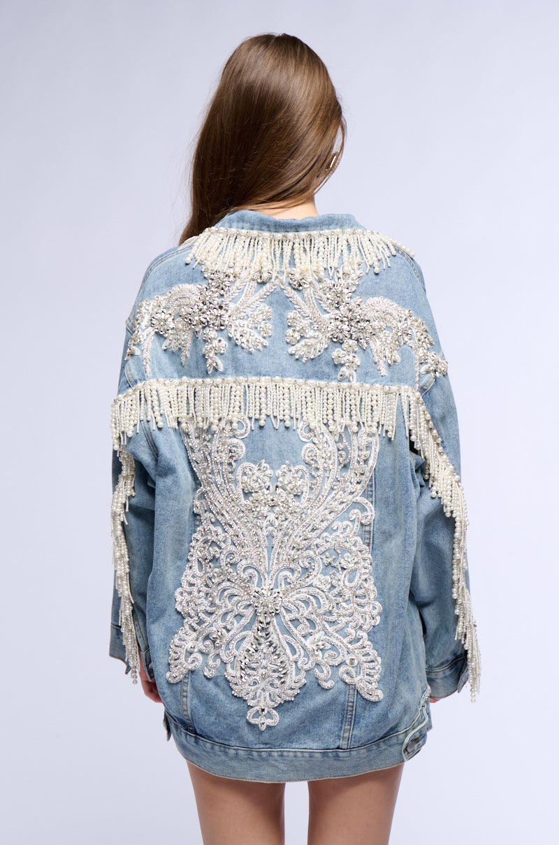 SHOW STOPPER PEARL EMBELLISHED DENIM JACKET