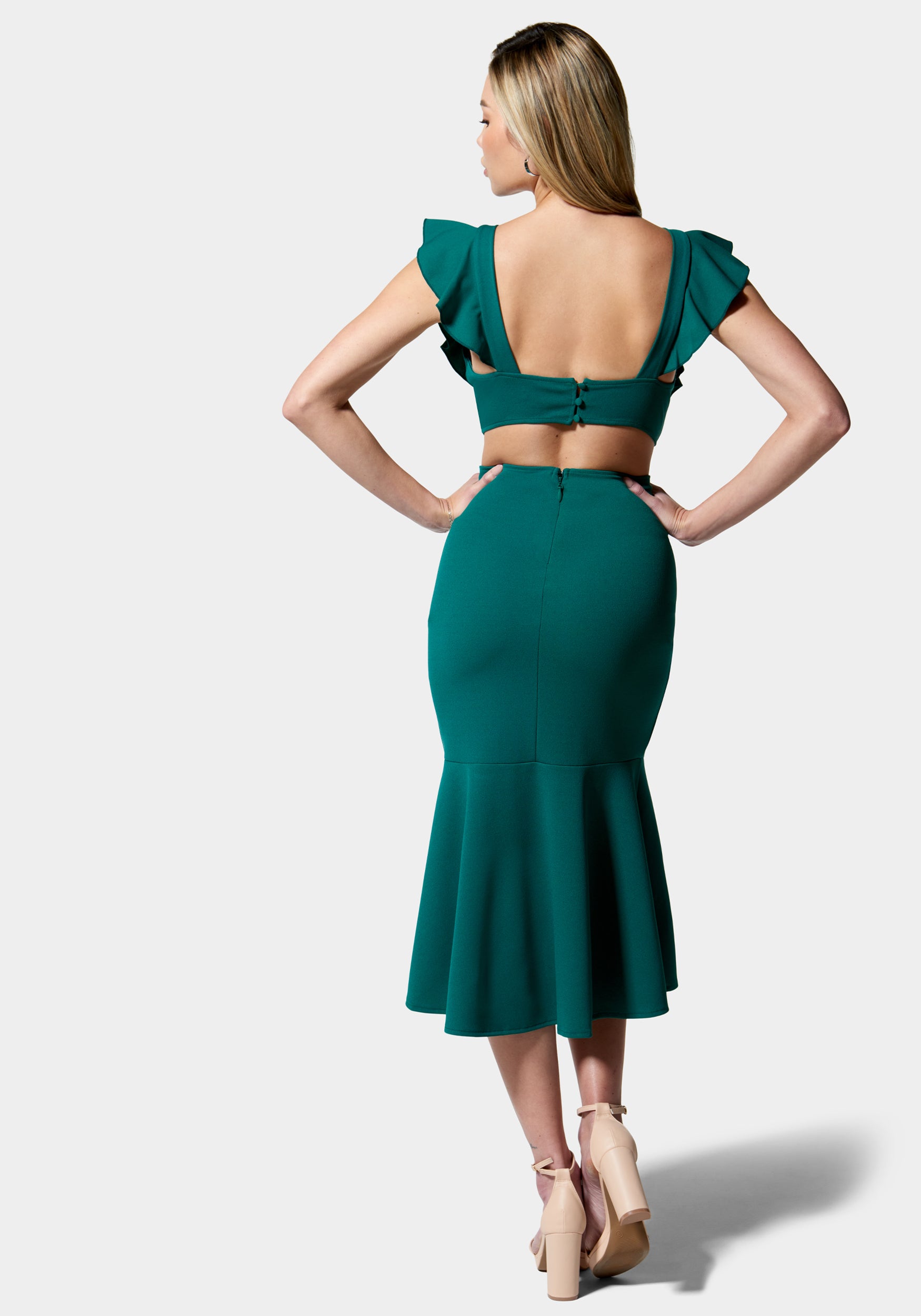 Open Back Ruffle Midi Dress