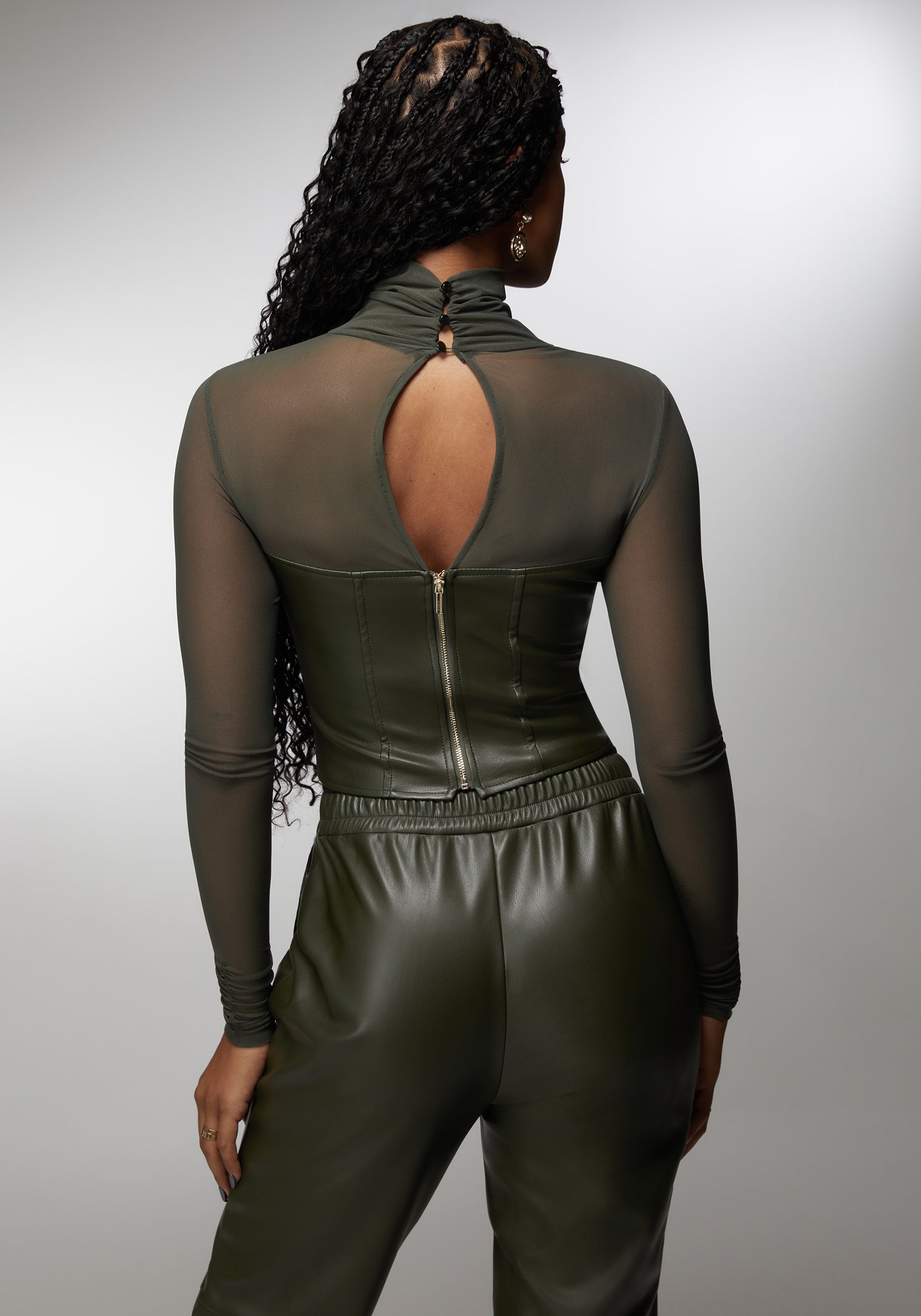 Mock Neck Mesh Combo Vegan Leather Top