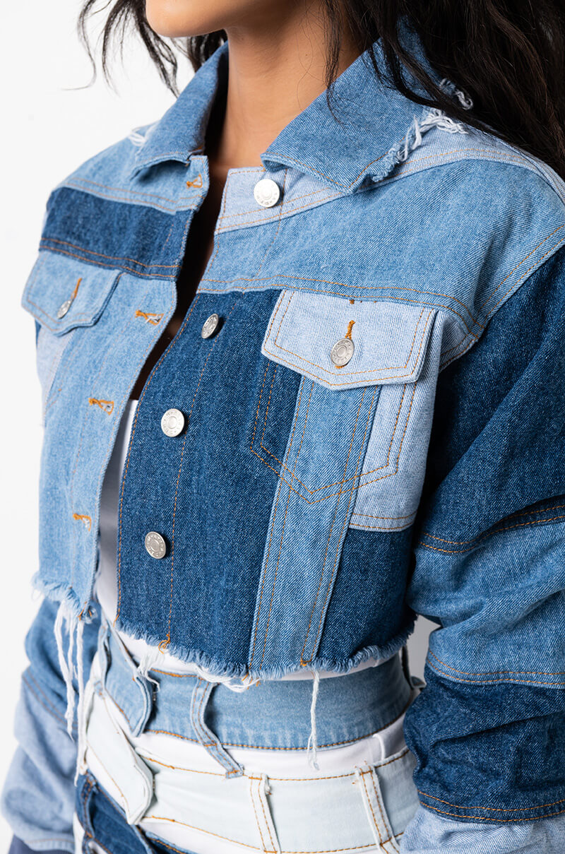 STACKED PATCH WORK CROP DENIM JACKET