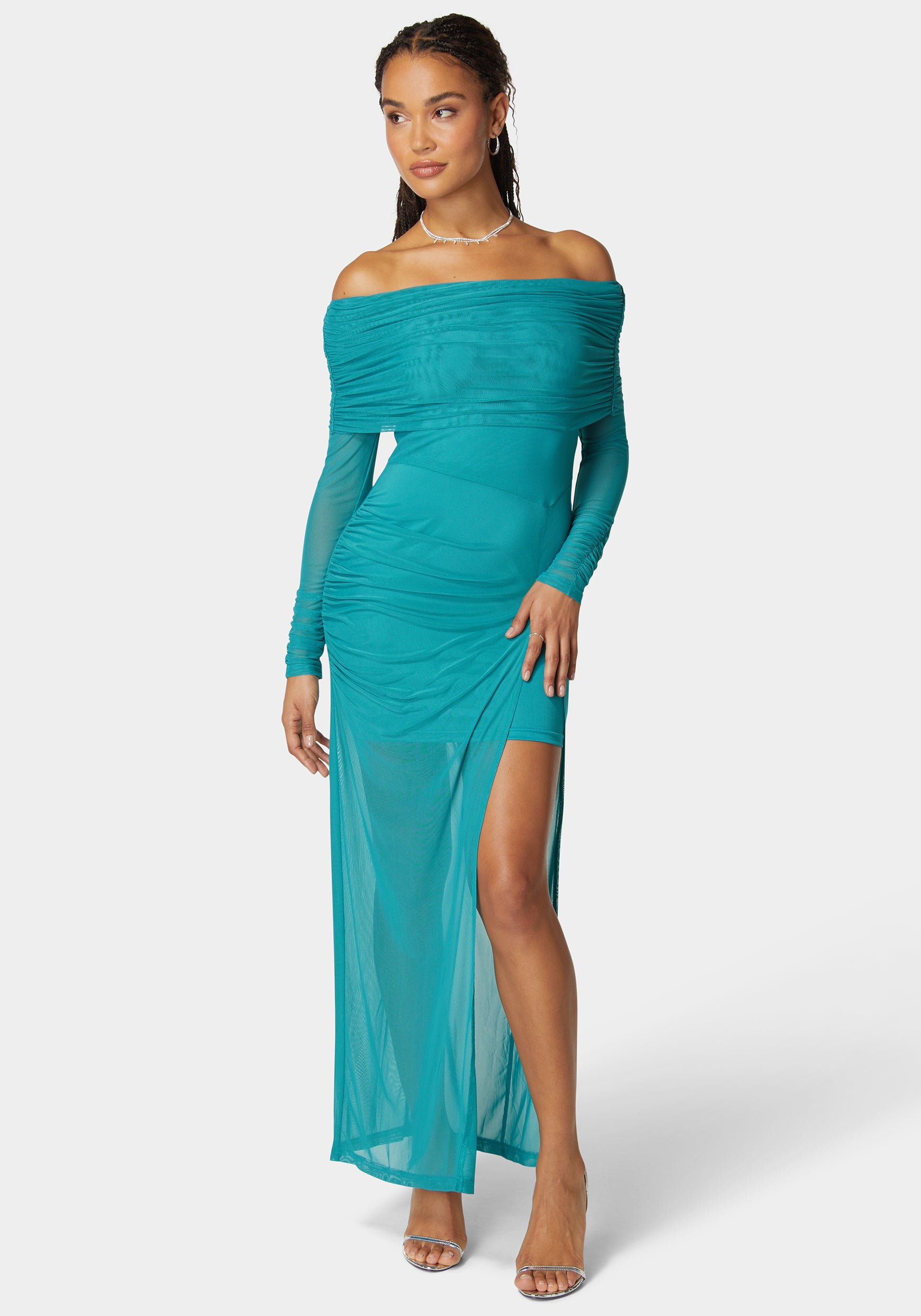 Off Shoulder Asymmetrical Mesh Gown