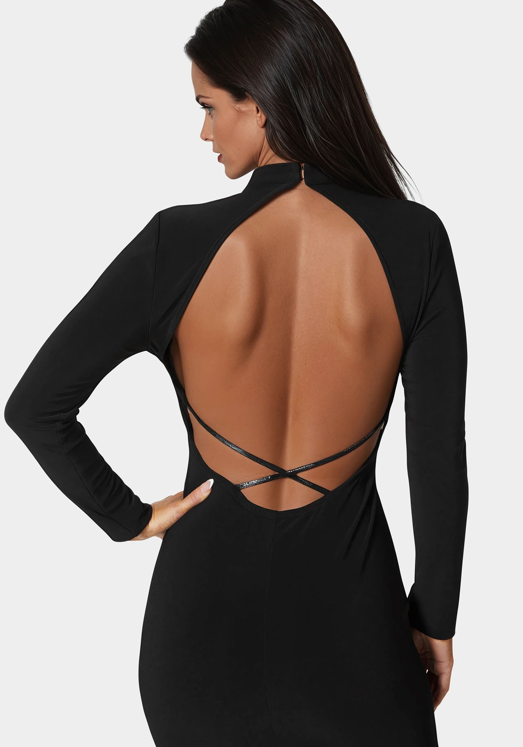 Low Back Mock Neck Long Sleeve Midi Dress