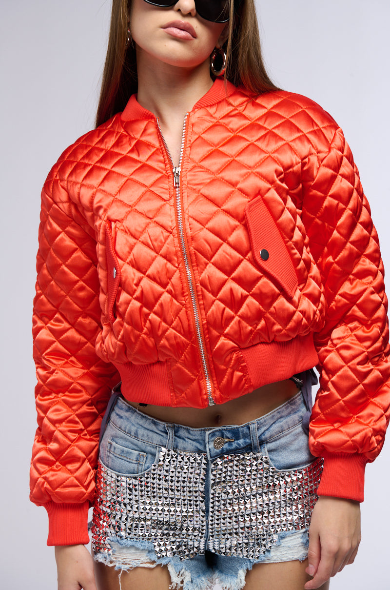 NEVER BETTER QUILTED SATIN BOMBER IN RED