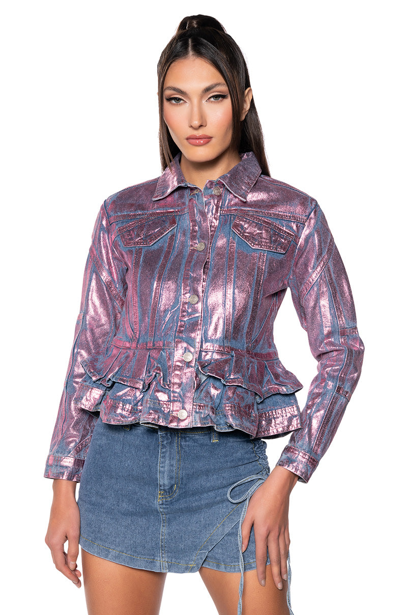 METALLIC DENIM PEPLUM JACKET