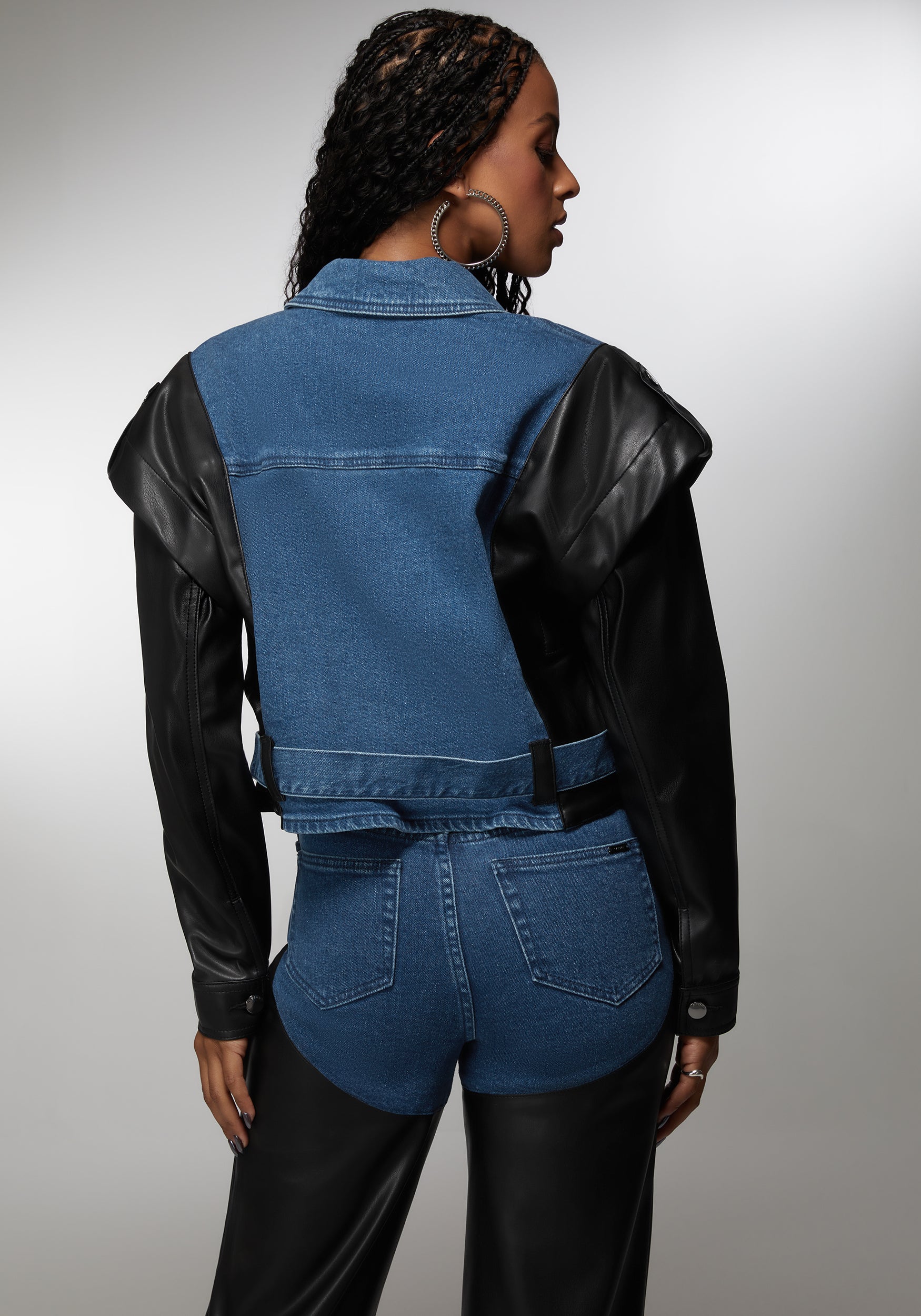 Vegan Leather Combo Denim Moto Jacket