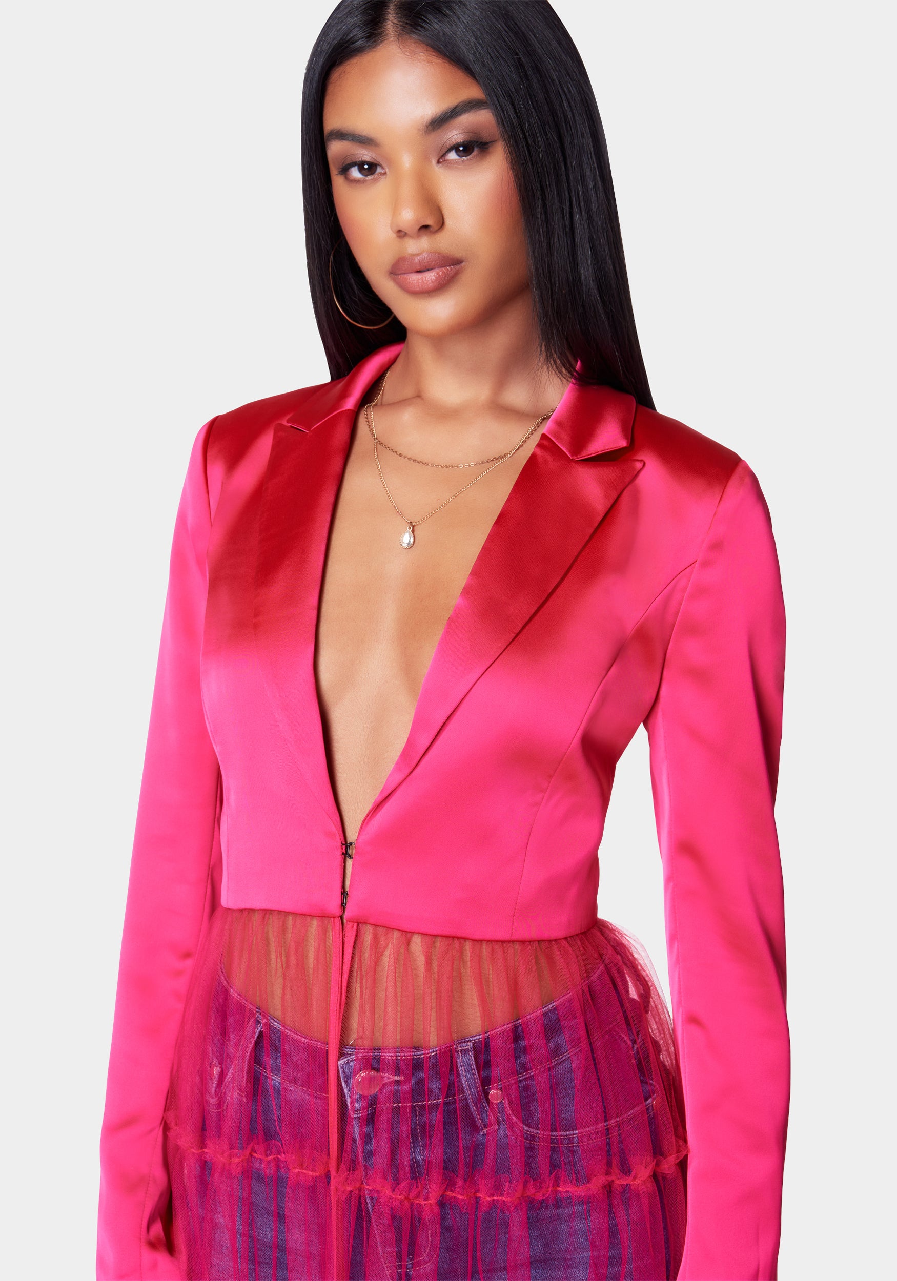 Satin Tailored Jacket With Tulle Hem