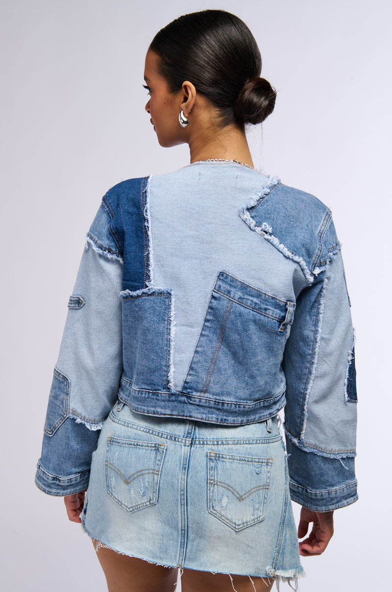 RUMOR HAS IT PATCHWORK DENIM BOMBER