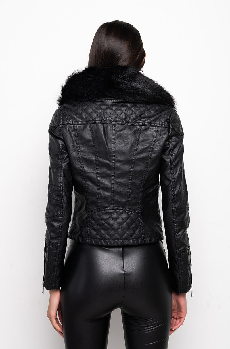 REACH FOR MORE FAUX FUR COLLARED MOTO JACKET