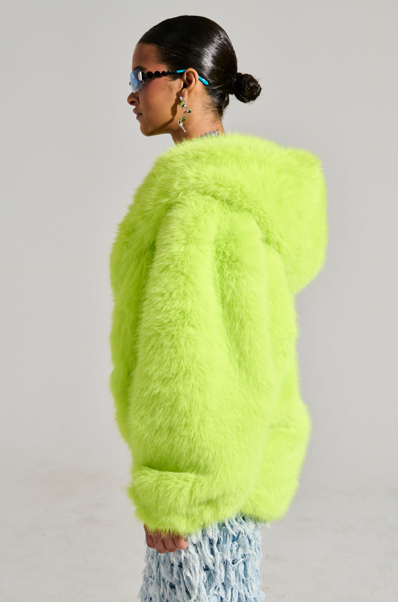 LANA HOODED FAUX FUR COAT IN LIME